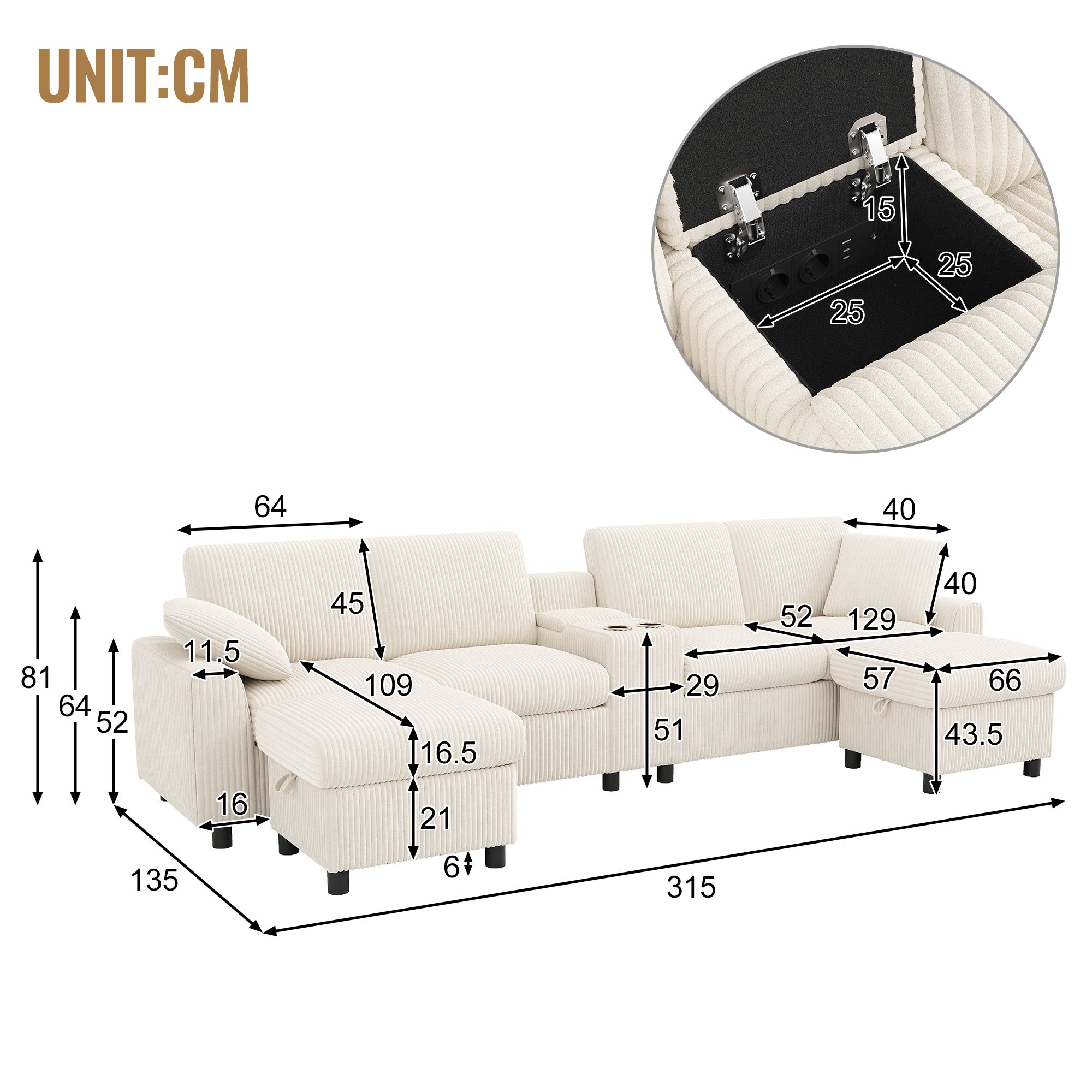 Canapé en U 4 places 315x135x81 cm avec USB Type-C, prises, rangements en velours côtelé beige - points forts 1
