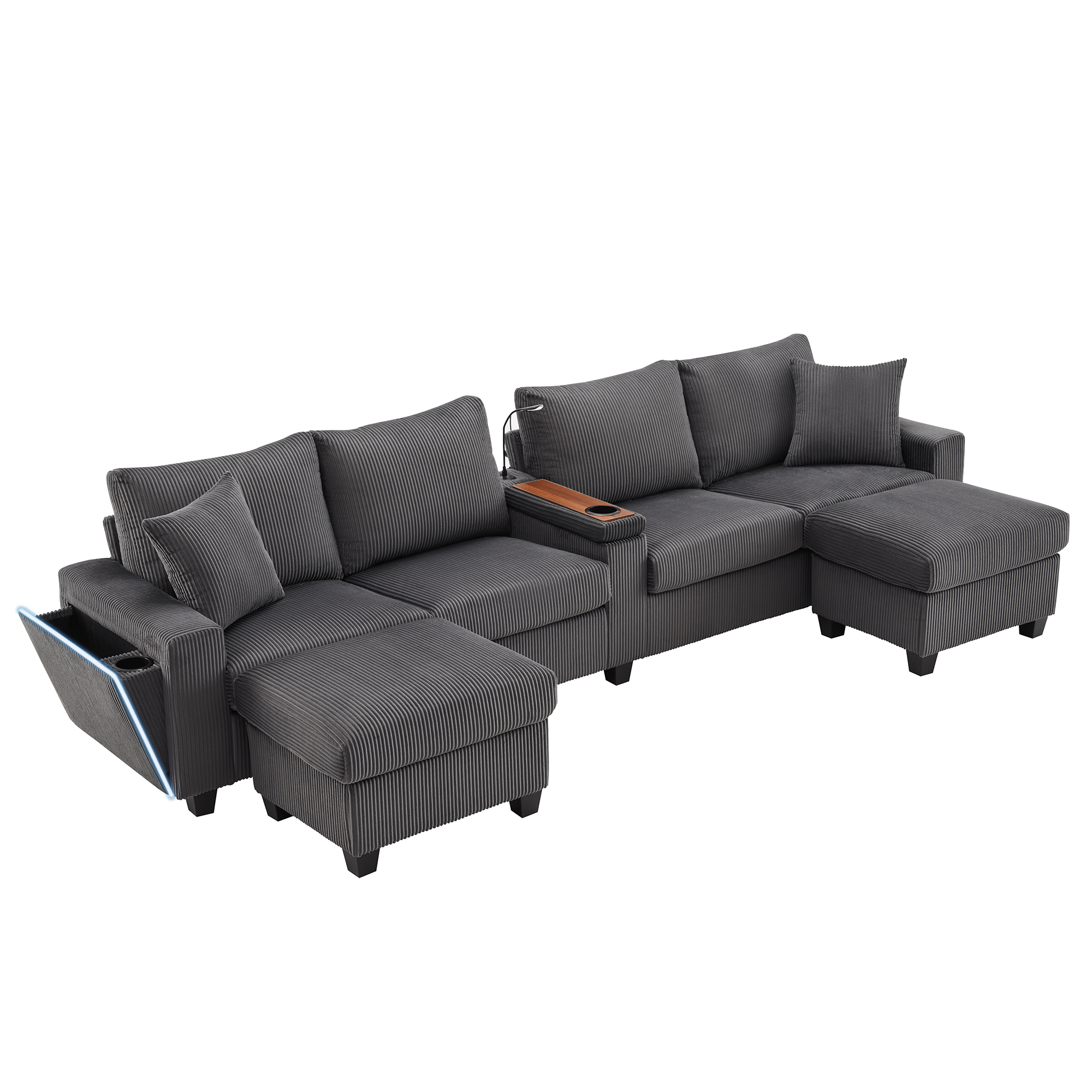 Canapé en U 4 places 334x128,5x81 cm avec LED, USB Type-C, rangements en velours côtelé gris - spécifications 1