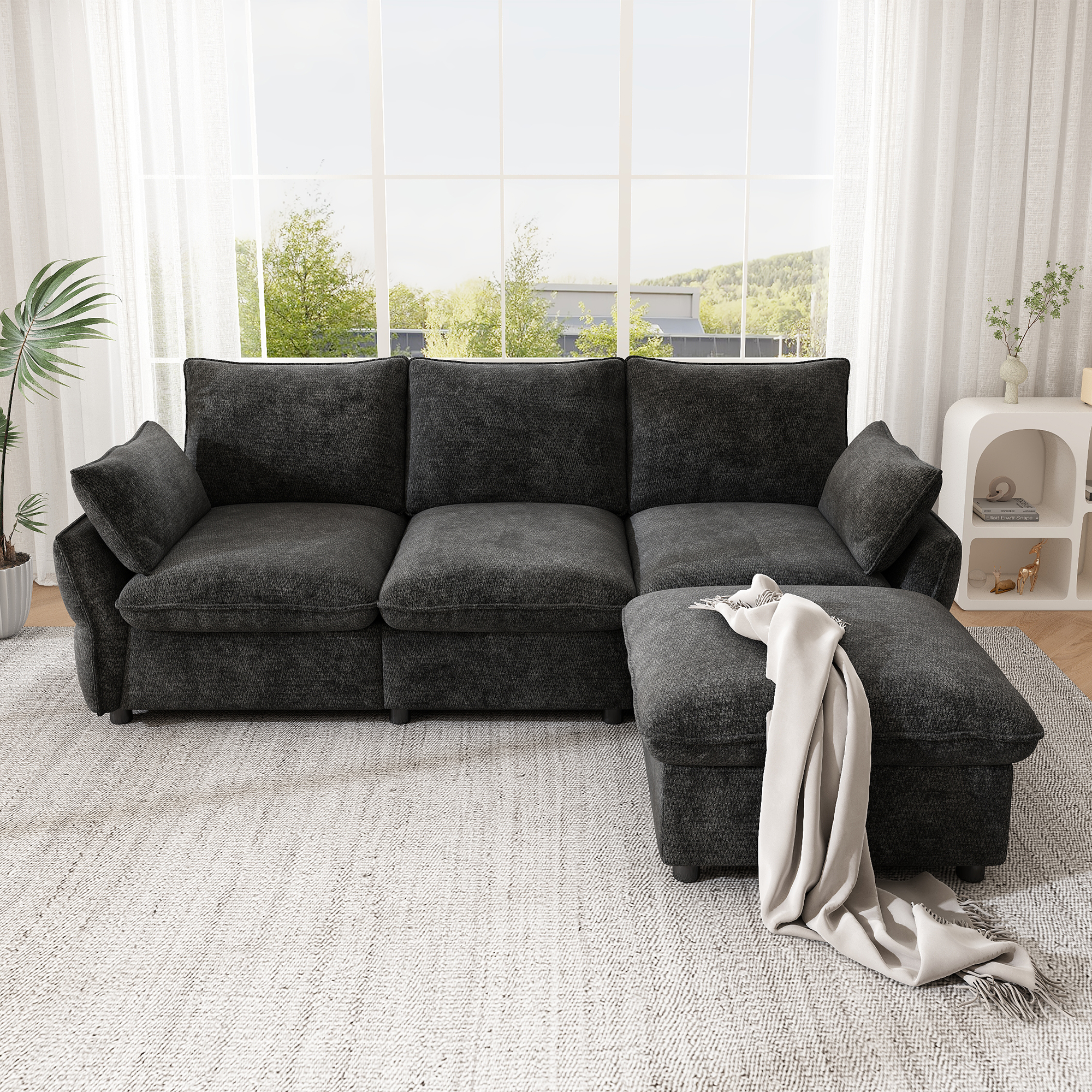 Canapé d'angle 3 places en chenille avec pouf - vue 2