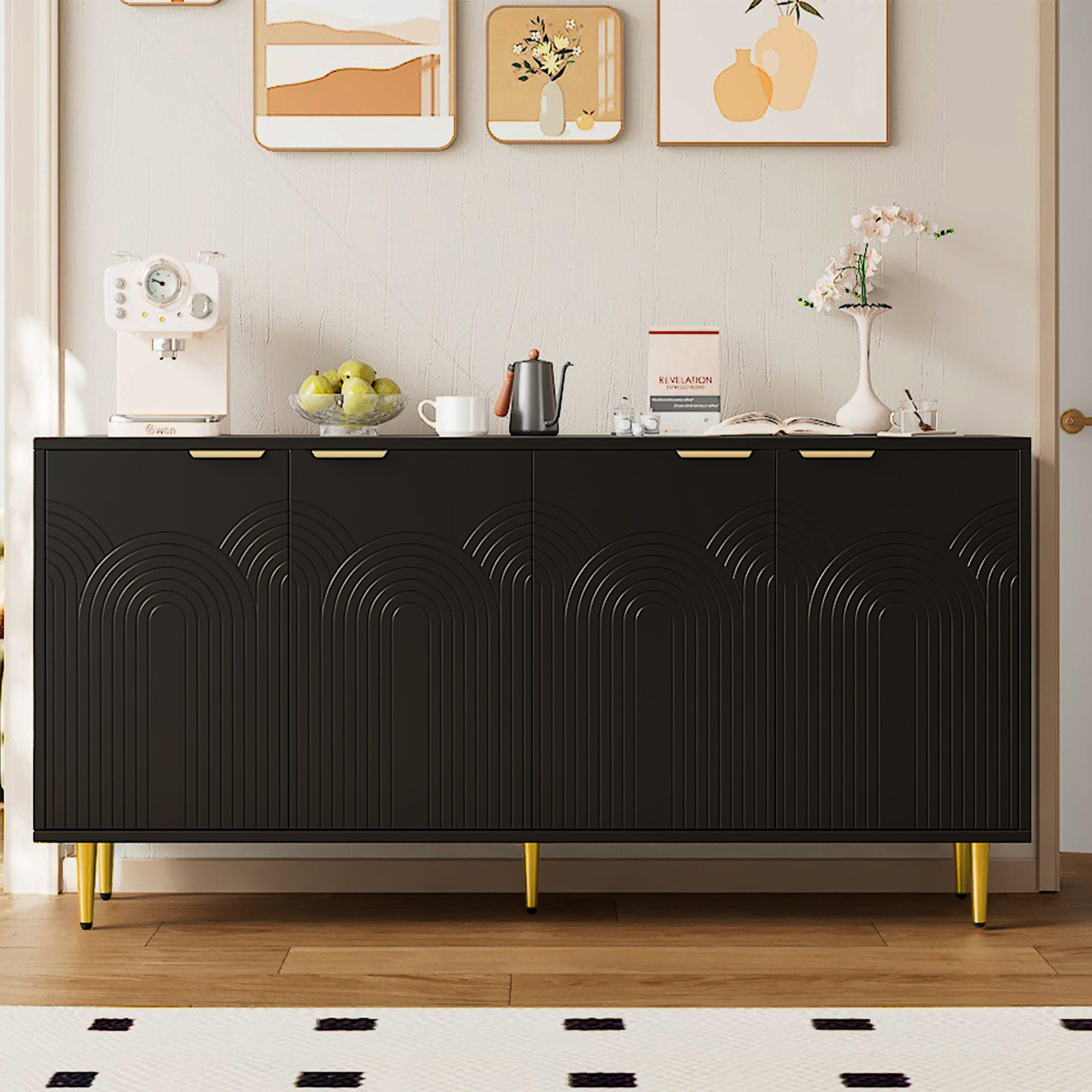Sideboard Wohnzimmer, Kommode mit 4 Türen Goldene 