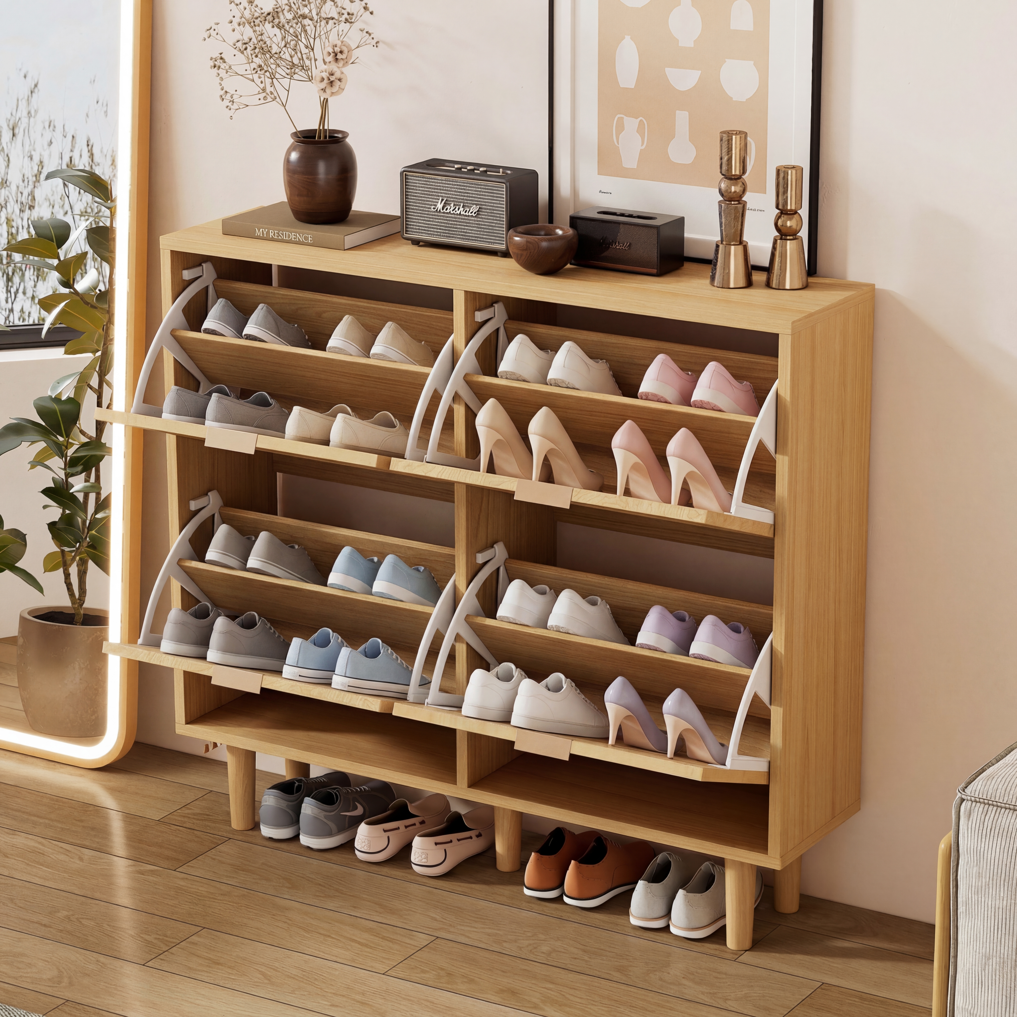 Schuhschrank mit 4 Klappschubladen, Schuhkommode a