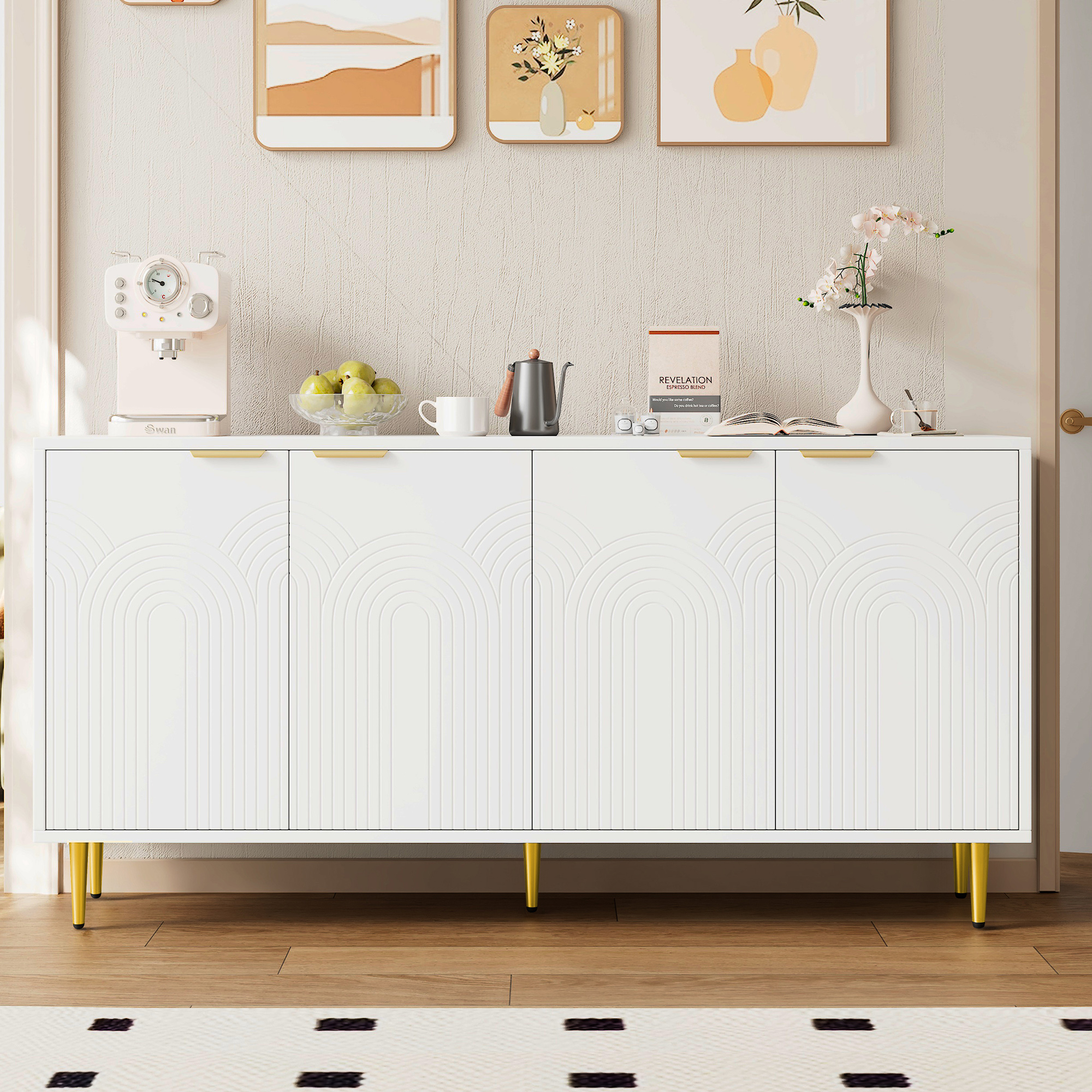 Sideboard Wohnzimmer, Kommode mit 4 Türen Goldene 