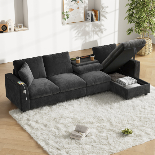 Canapé d’angle gris en chenille avec fonction repos