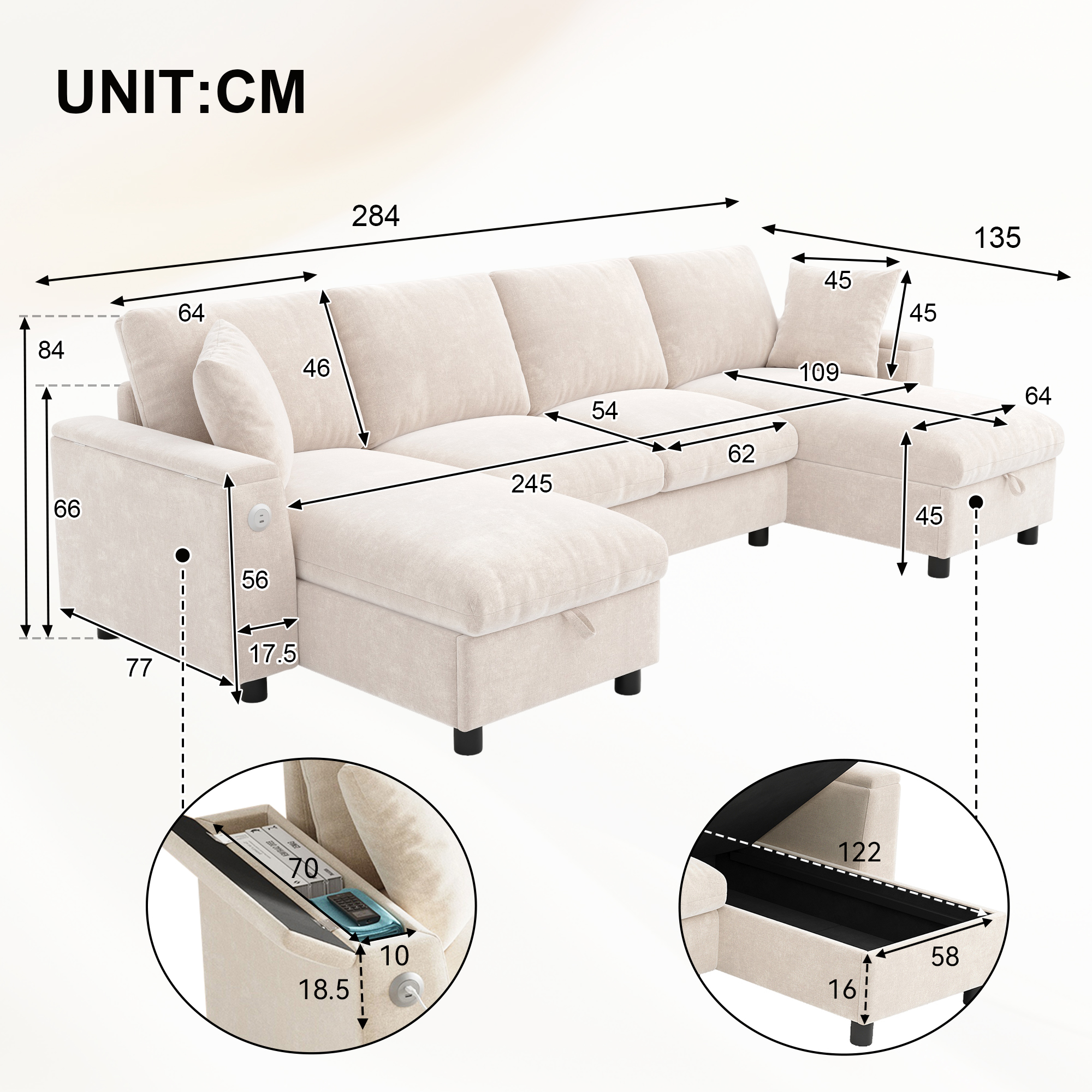 Dimensions canapé U beige 284cm