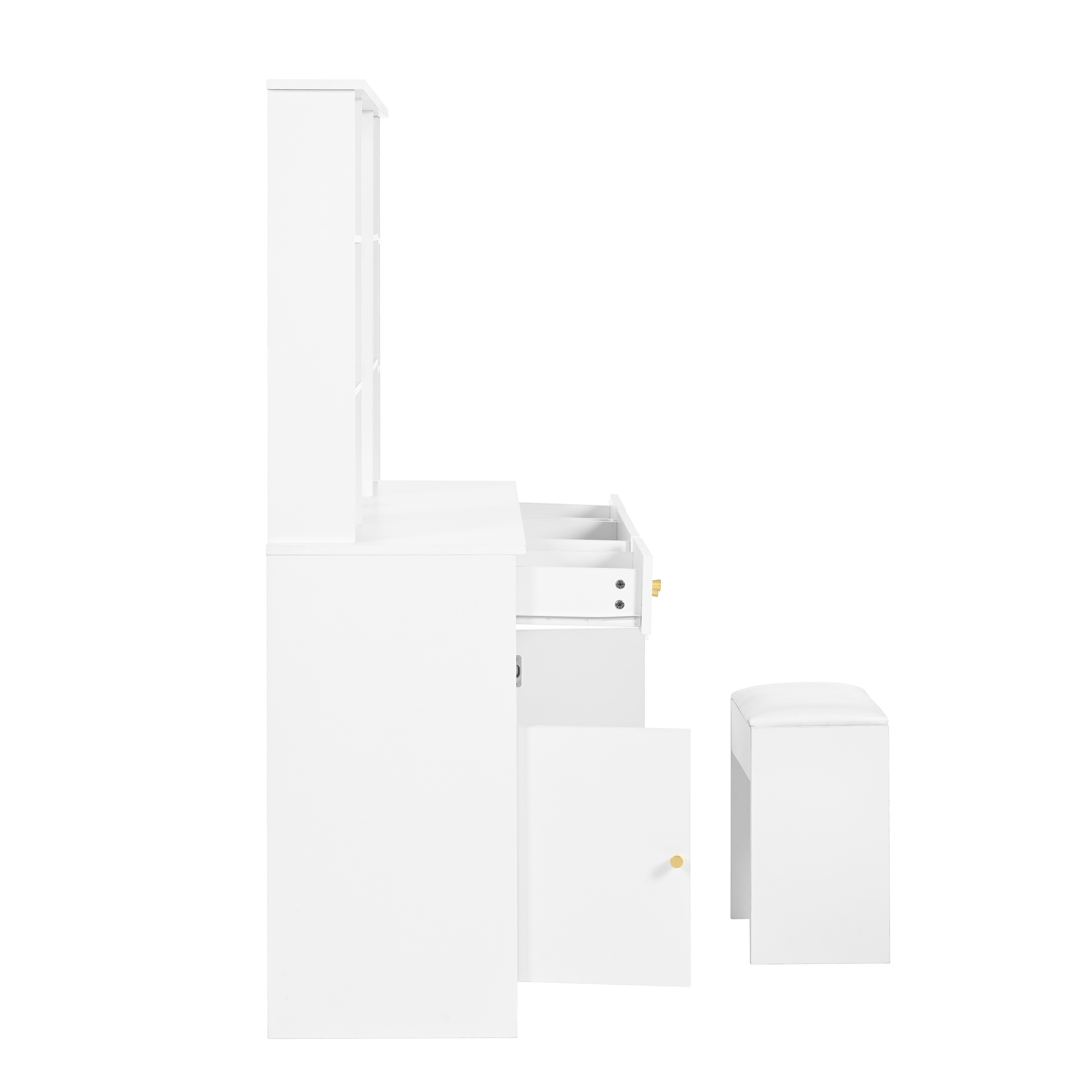 Coiffeuse Hollywood avec 10 ampoules LED 3 températures, miroir 45×60 cm, 4 étagères ouvertes, 3 tiroirs, 2 portes, beaucoup de rangement, bois résistant, pour maquillage et coiffure à domicile - image 6