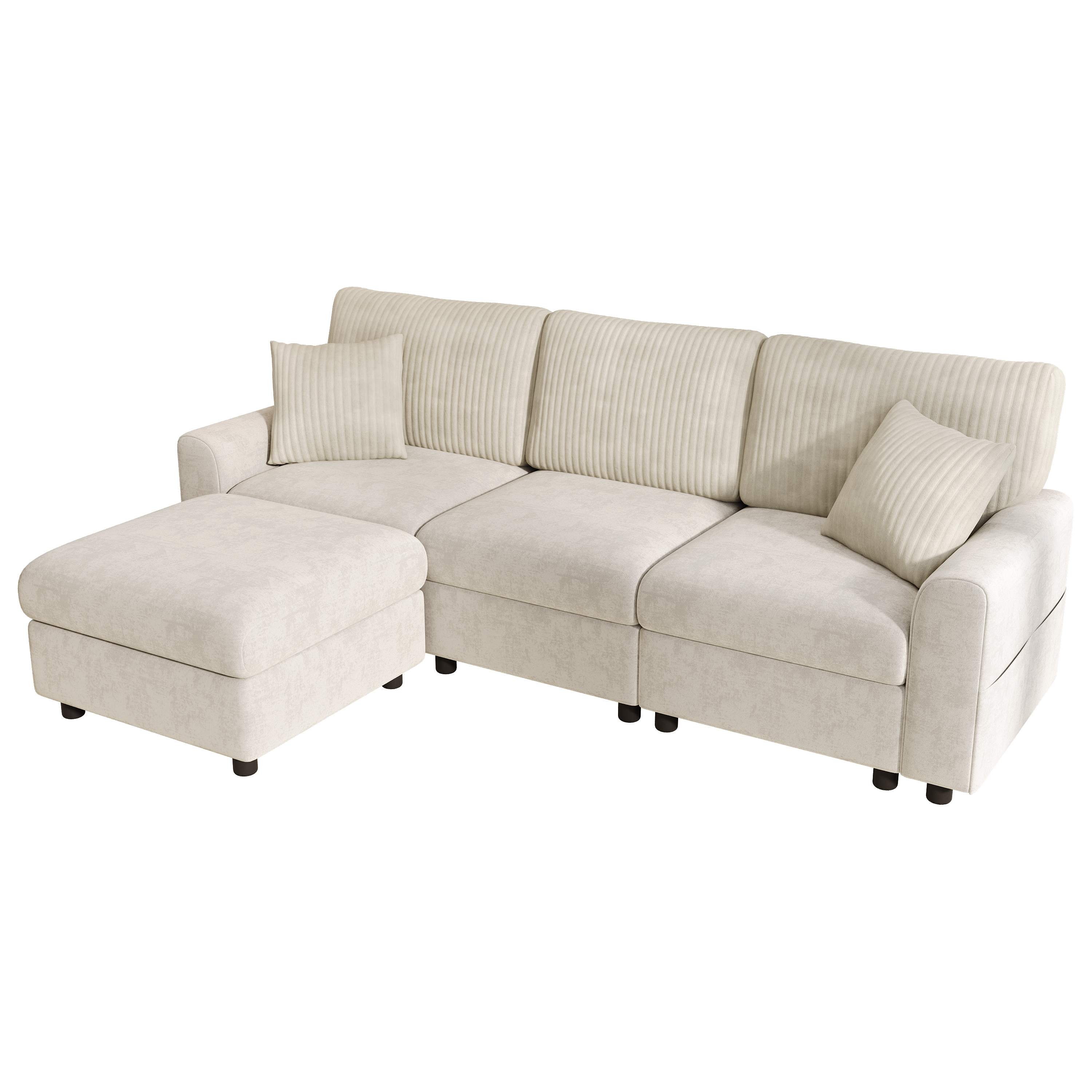 Canapé 4 places 223 x 146 x 84 cm beige, tissu chenille et velours côtelé, avec pouf, 2 coussins, ports USB + Type-C intégrés - spécifications 1
