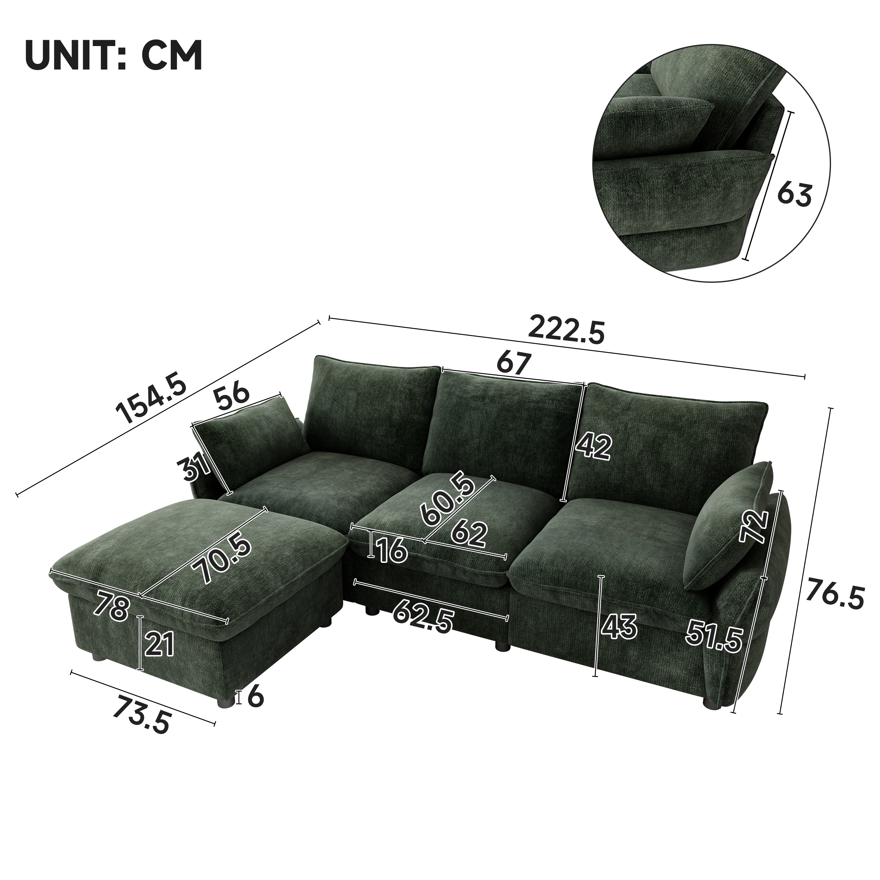 Canapé d’angle en L 3 places en chenille avec pouf, Vert foncé, 222,5 x 154,5 x 76,5 cm - vue complémentaire 1