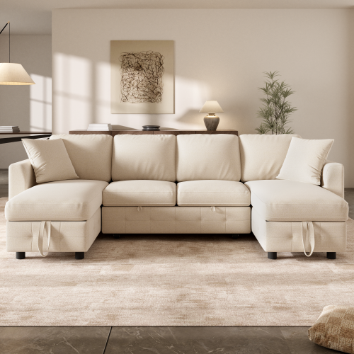 Canapé panoramique convertible beige avec deux méridiennes