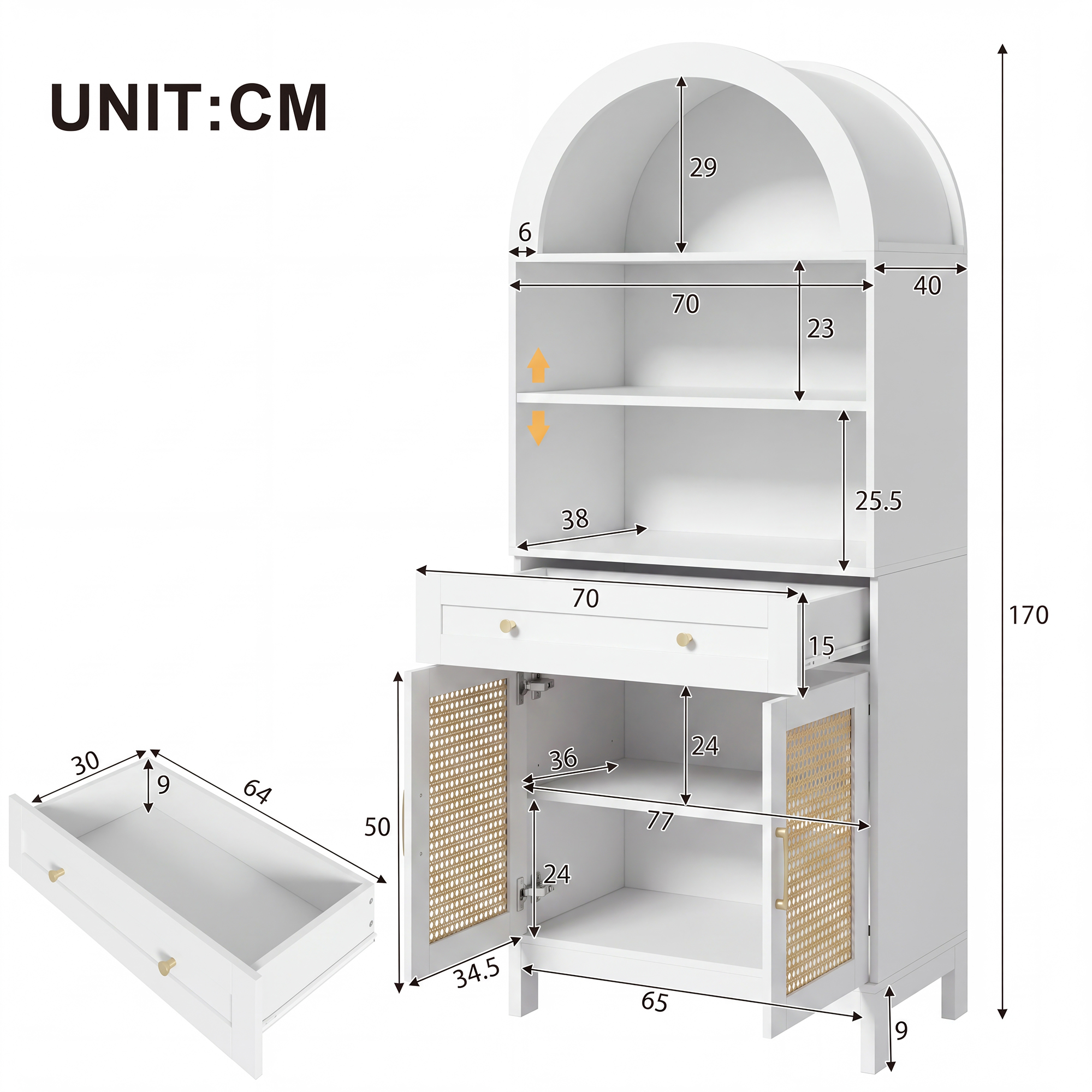 Organisation intérieure du meuble vitrine blanc bois