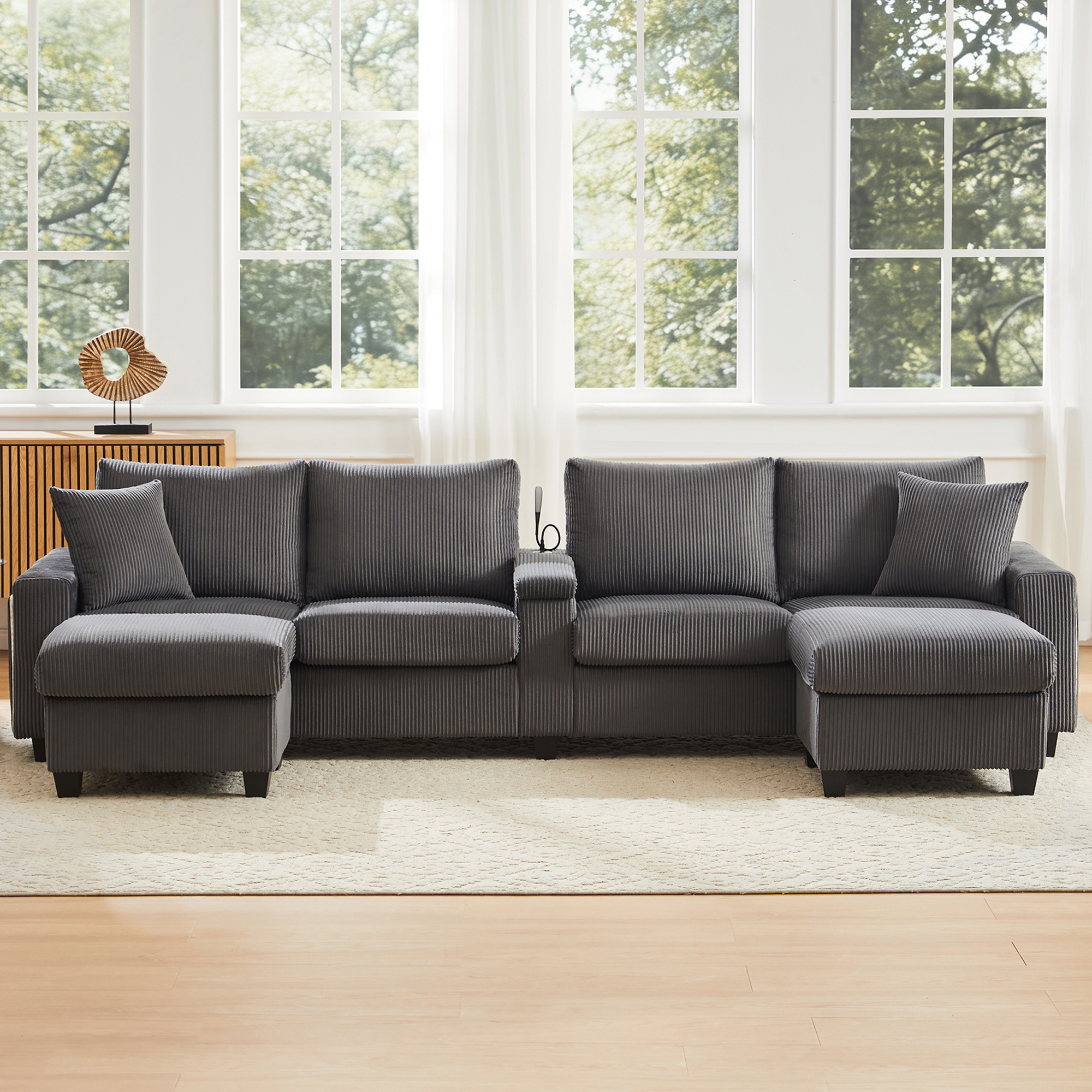 Canapé panoramique, structure pliante, ports USB, éclairage led, prises et recharge intégrées, 334 x 128,5 x 81 cm, velours côtelé, gris - vue 5