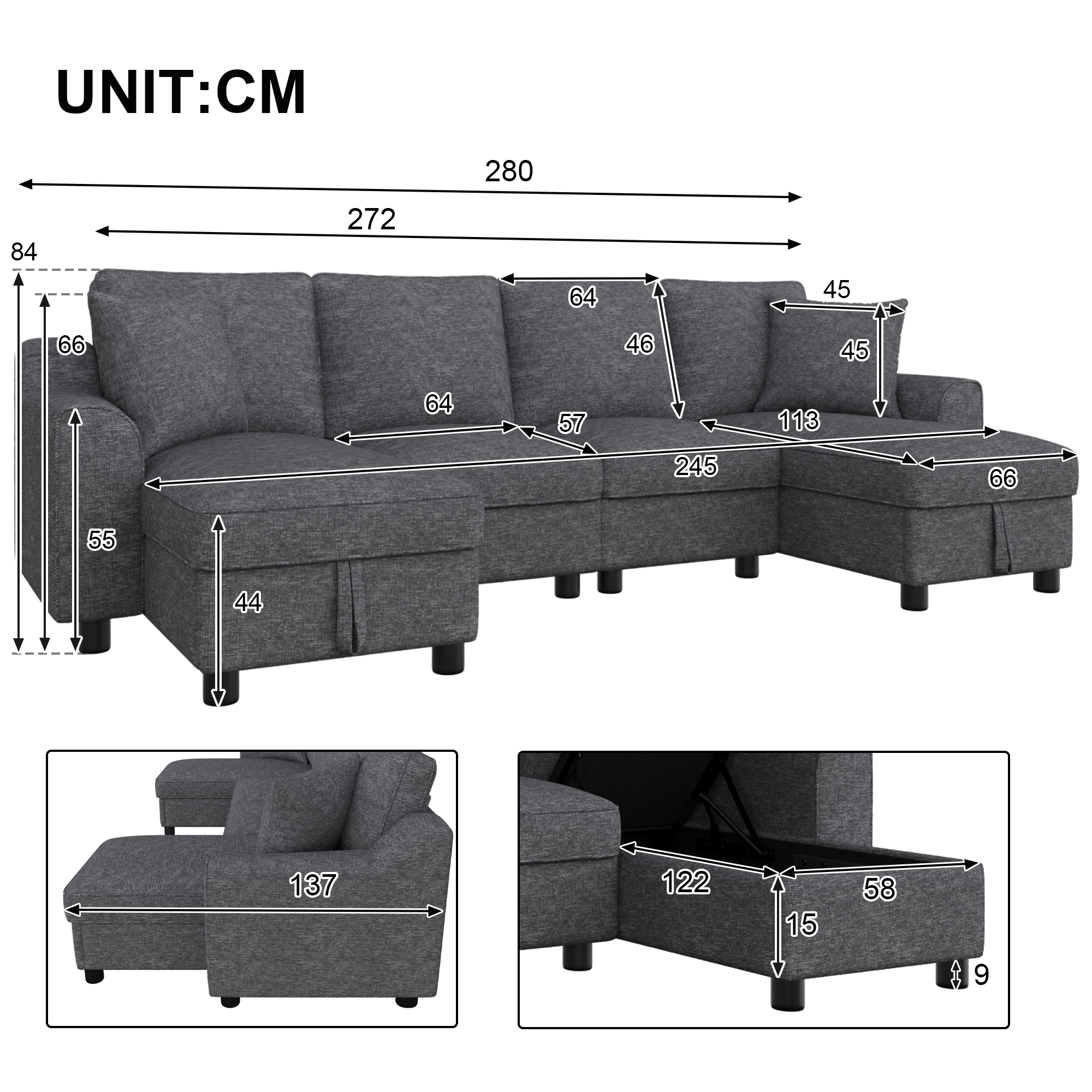 Dimensions canapé U gris 280cm