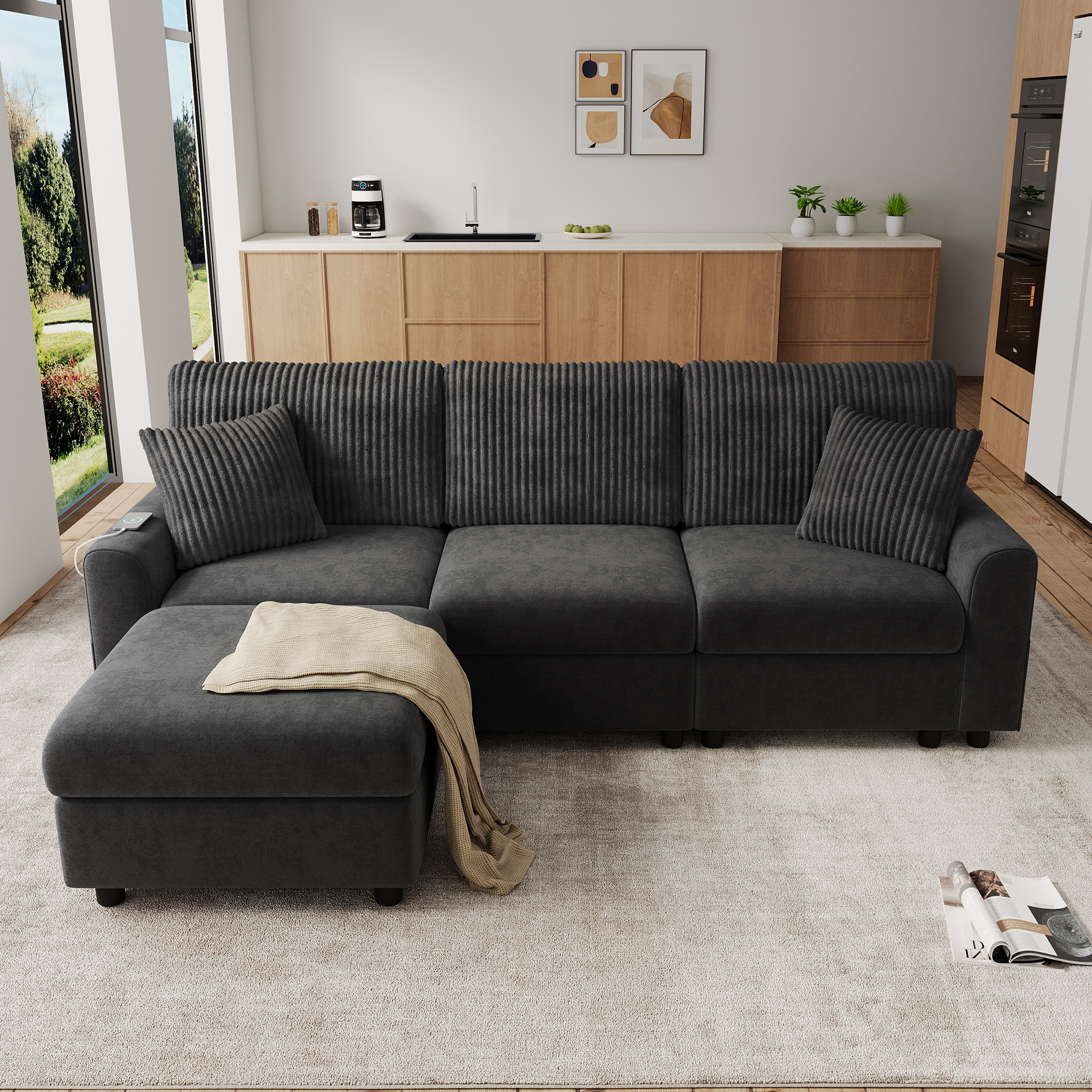 Canapé 4 places 223 x 146 x 84 cm noir, tissu chenille et velours côtelé, avec pouf, 2 coussins, ports USB + Type-C intégrés - présentation 1