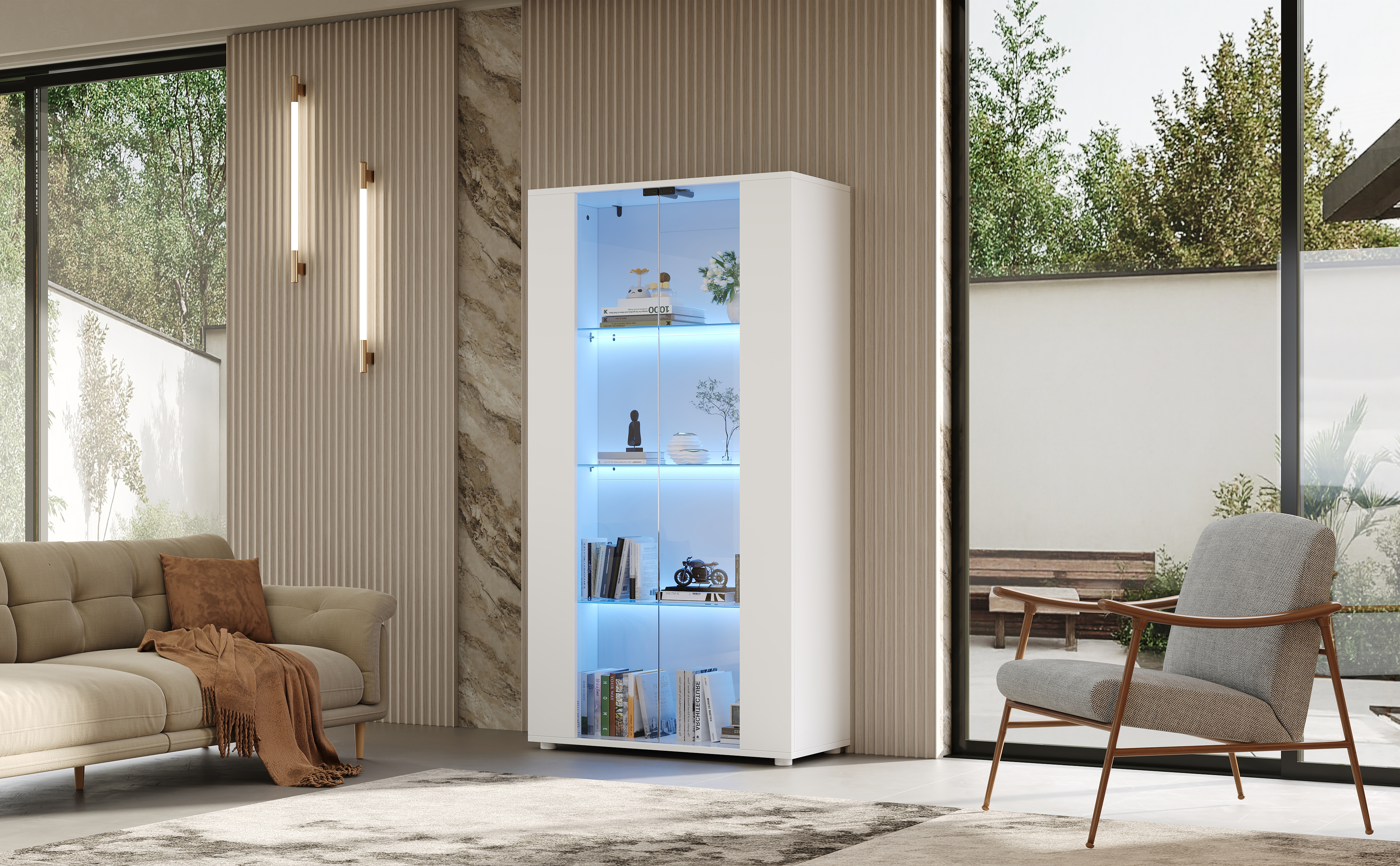 Vitrine, éclairage led, éléments en verre, 80 x 36 x 150 cm, panneaux de particules et verre, blanc - vue 2