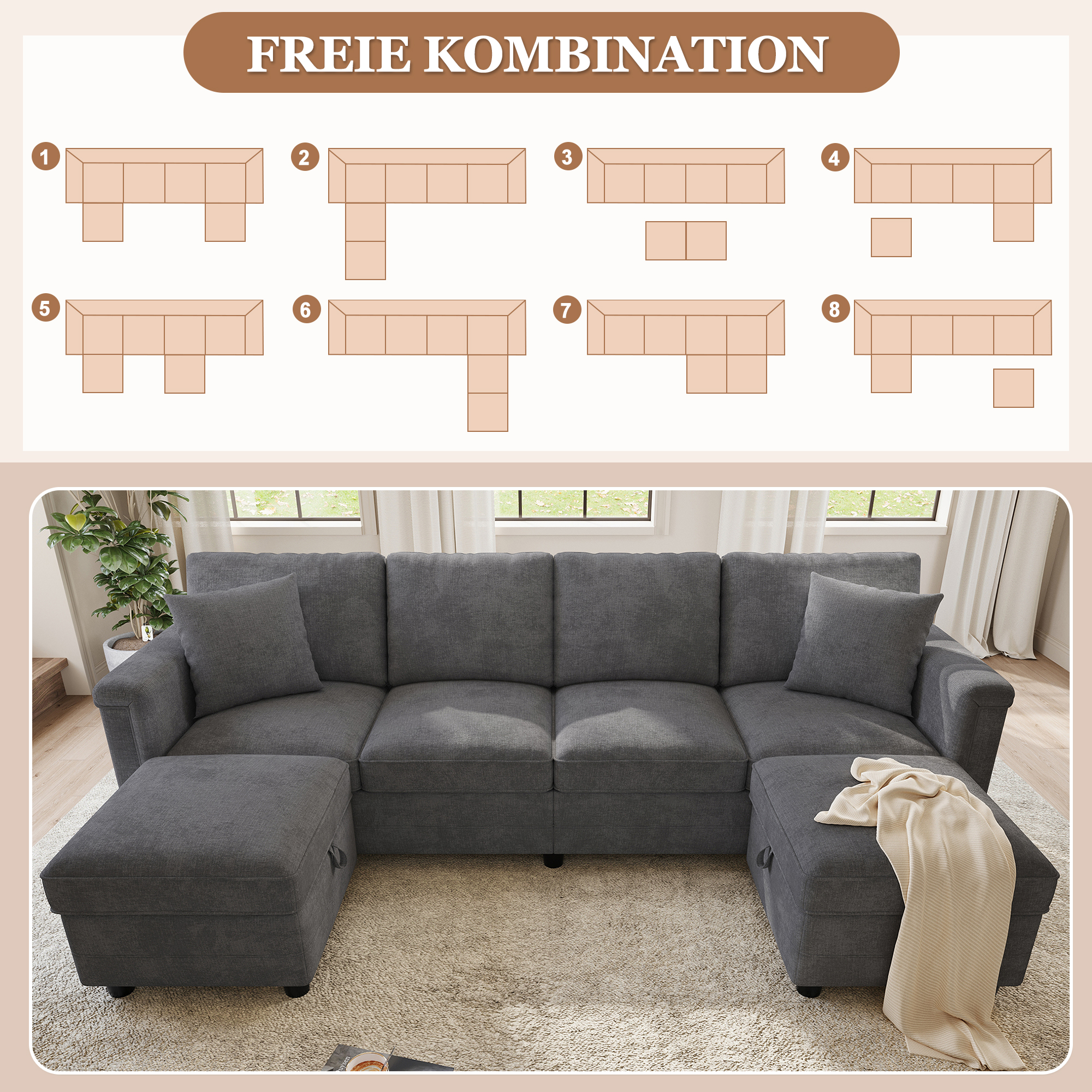 Canapé modulable 4 places avec poufs de rangement et différentes configurations