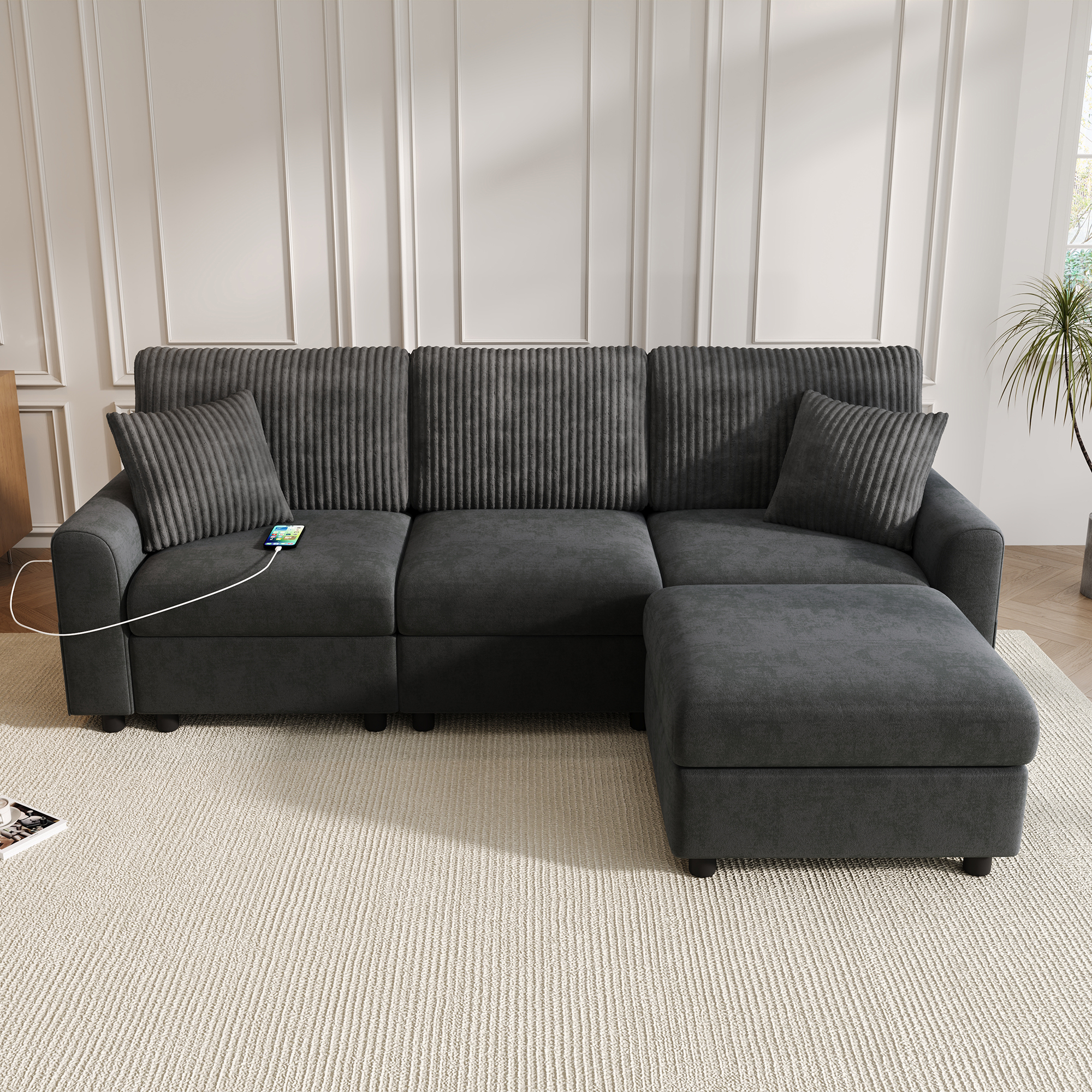 Canapé d'angle avec pouf, coussins et ports USB USB-C - vue 4