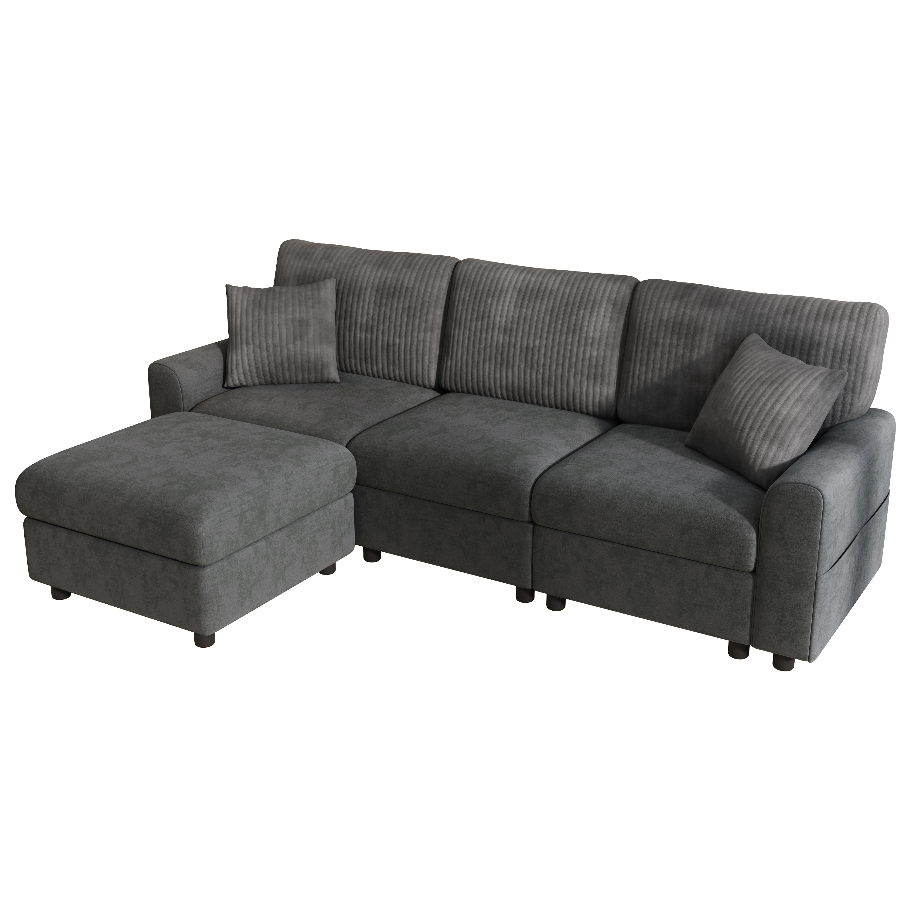 Canapé 4 places 223 x 146 x 84 cm noir, tissu chenille et velours côtelé, avec pouf, 2 coussins, ports USB + Type-C intégrés - spécifications 1