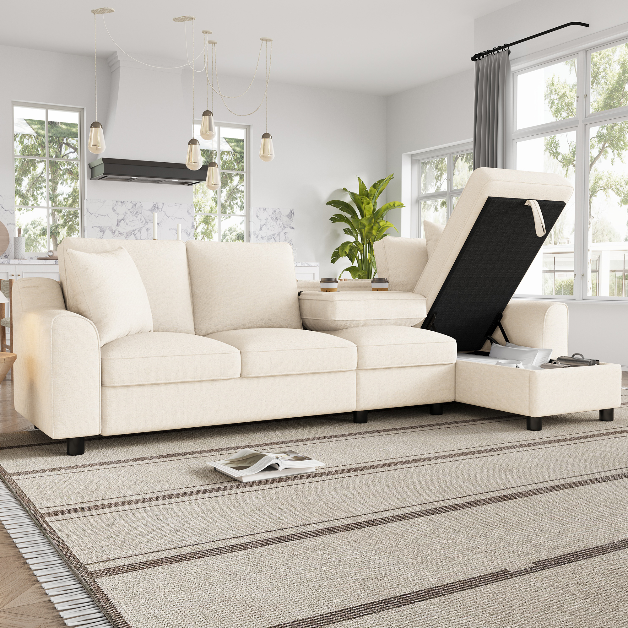 Canapé L chenille beige 4 places