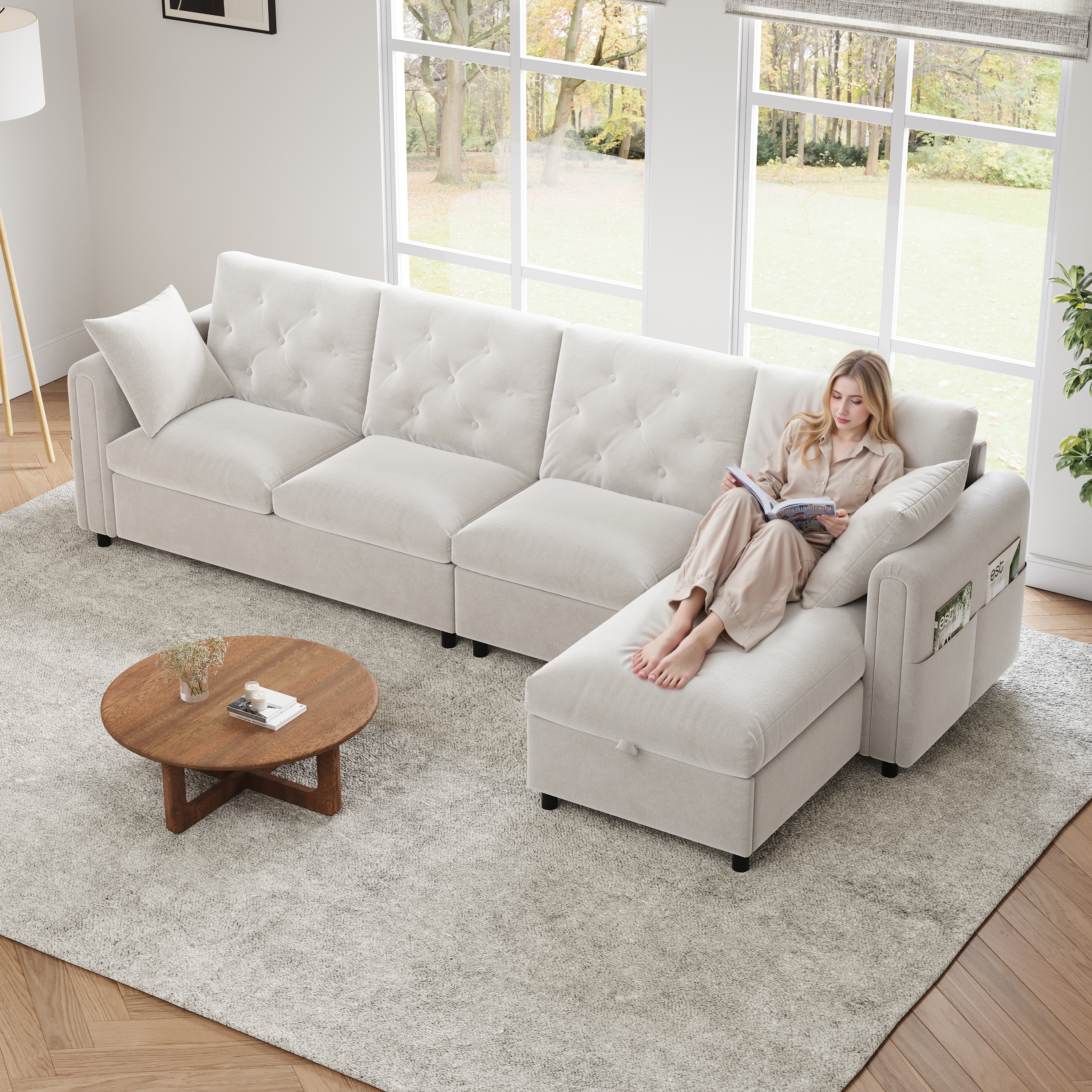 Canapé d’angle modulable 4 places 281 x 132 x 86 cm canapé en L avec méridienne, avec rangement, velours, Beige - présentation 1