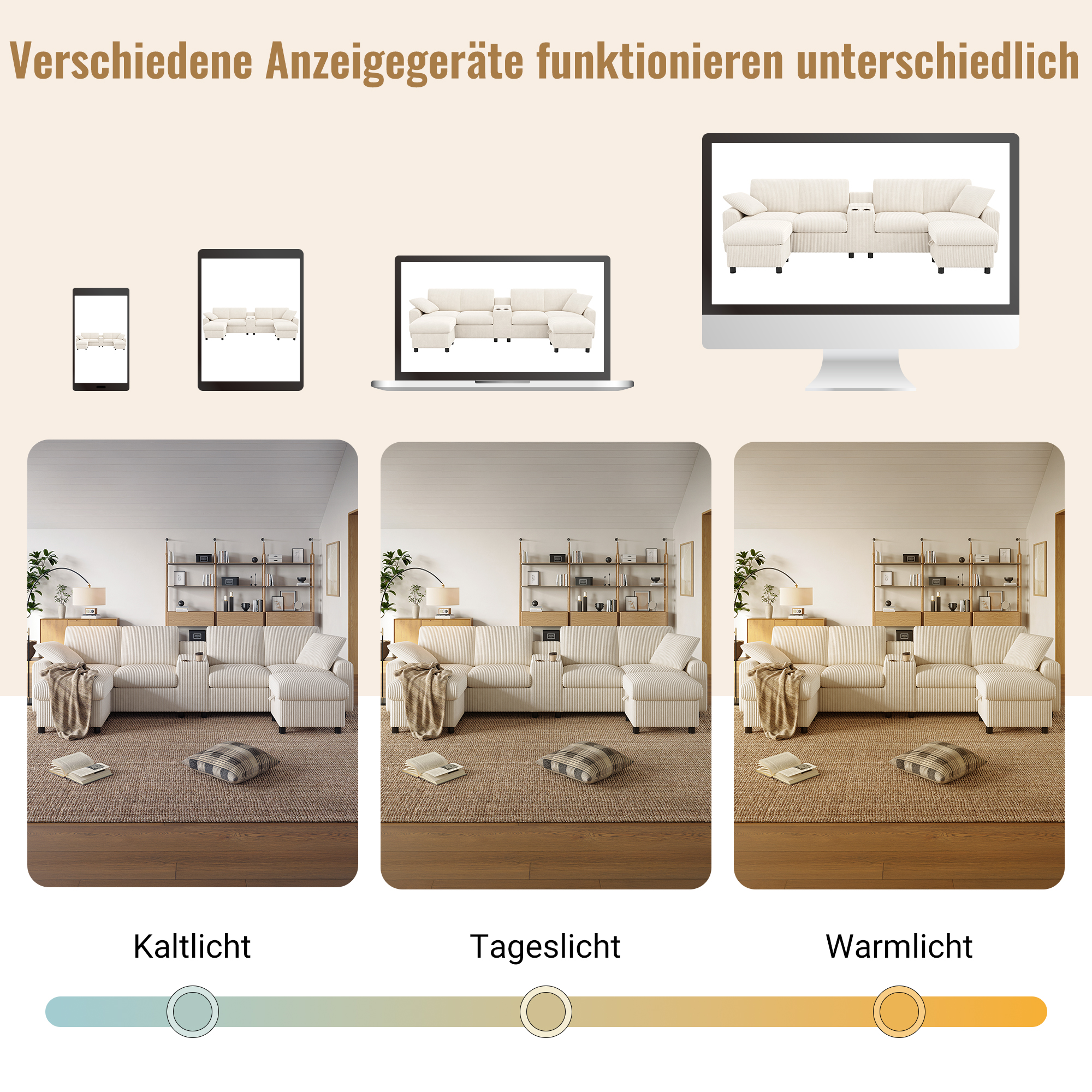 Canapé panoramique, ports USB, prises et recharge intégrées, 315 x 135 x 81 cm, velours côtelé, beige - vue 2
