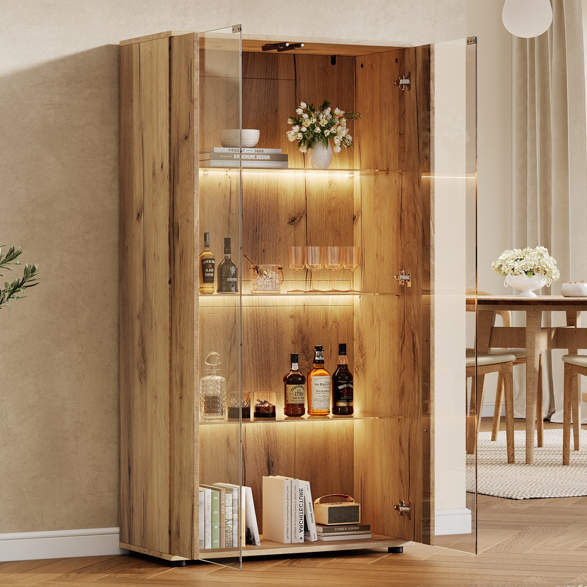 Vitrine naturelle avec portes vitrées et LED