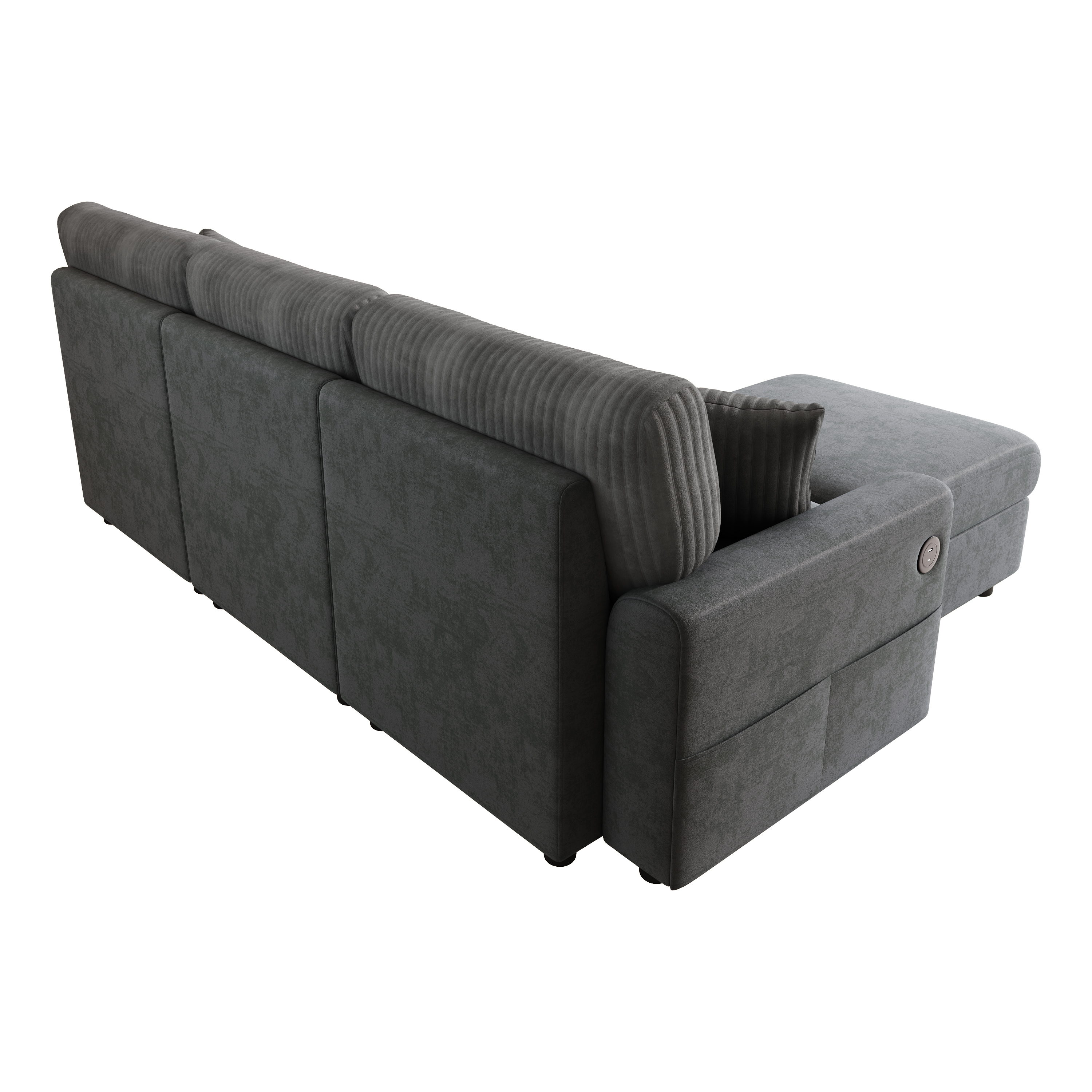Canapé 4 places 223 x 146 x 84 cm noir, tissu chenille et velours côtelé, avec pouf, 2 coussins, ports USB + Type-C intégrés - vue complémentaire 1
