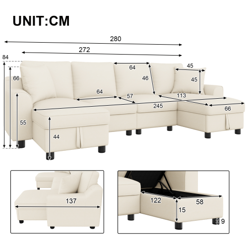 Dimensions du canapé panoramique beige en forme de U