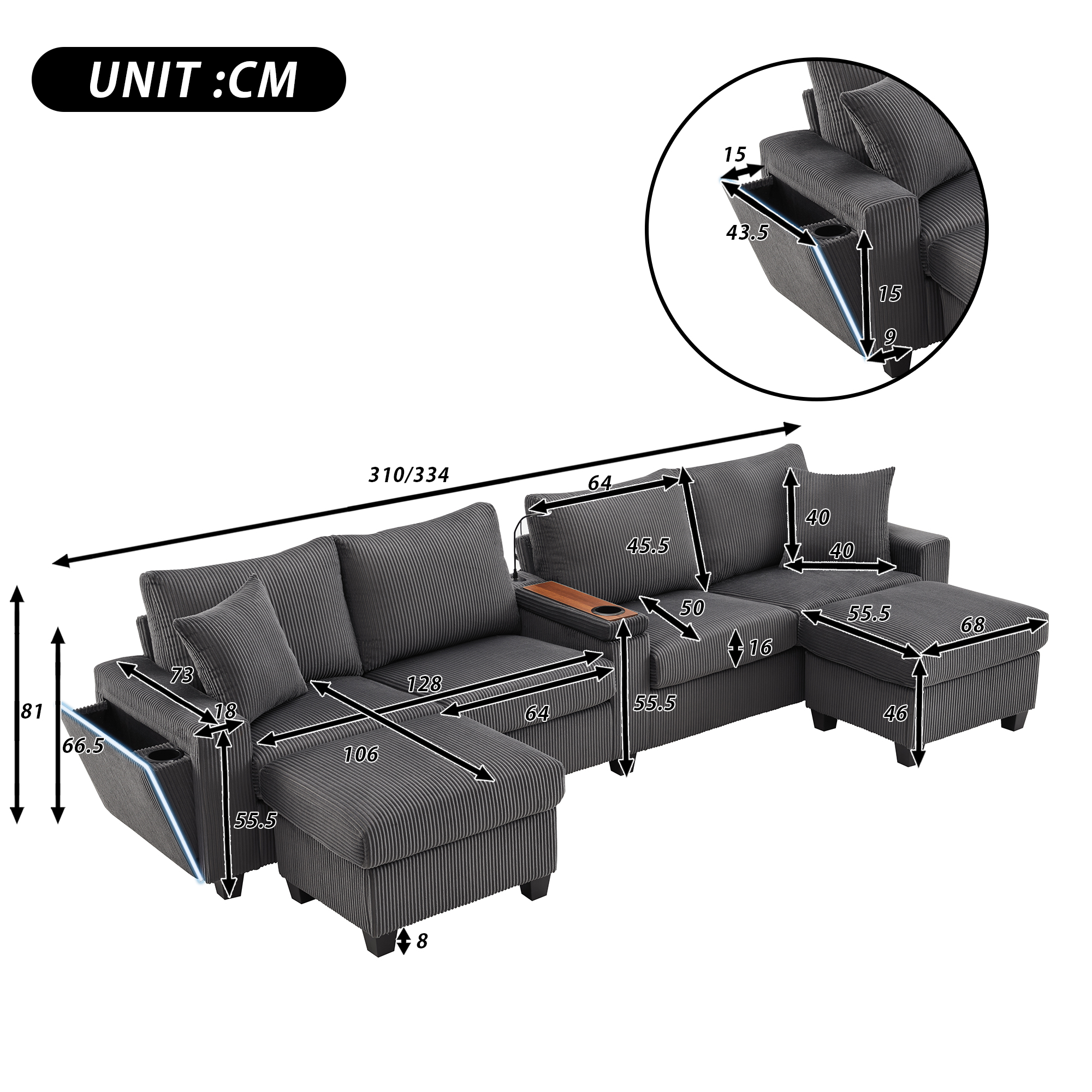 Canapé en U 4 places 334x128,5x81 cm avec LED, USB Type-C, rangements en velours côtelé gris - points forts 1