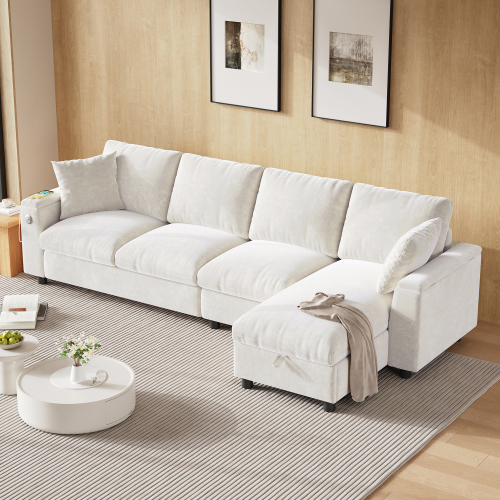 Assise large en chenille beige du canapé d’angle