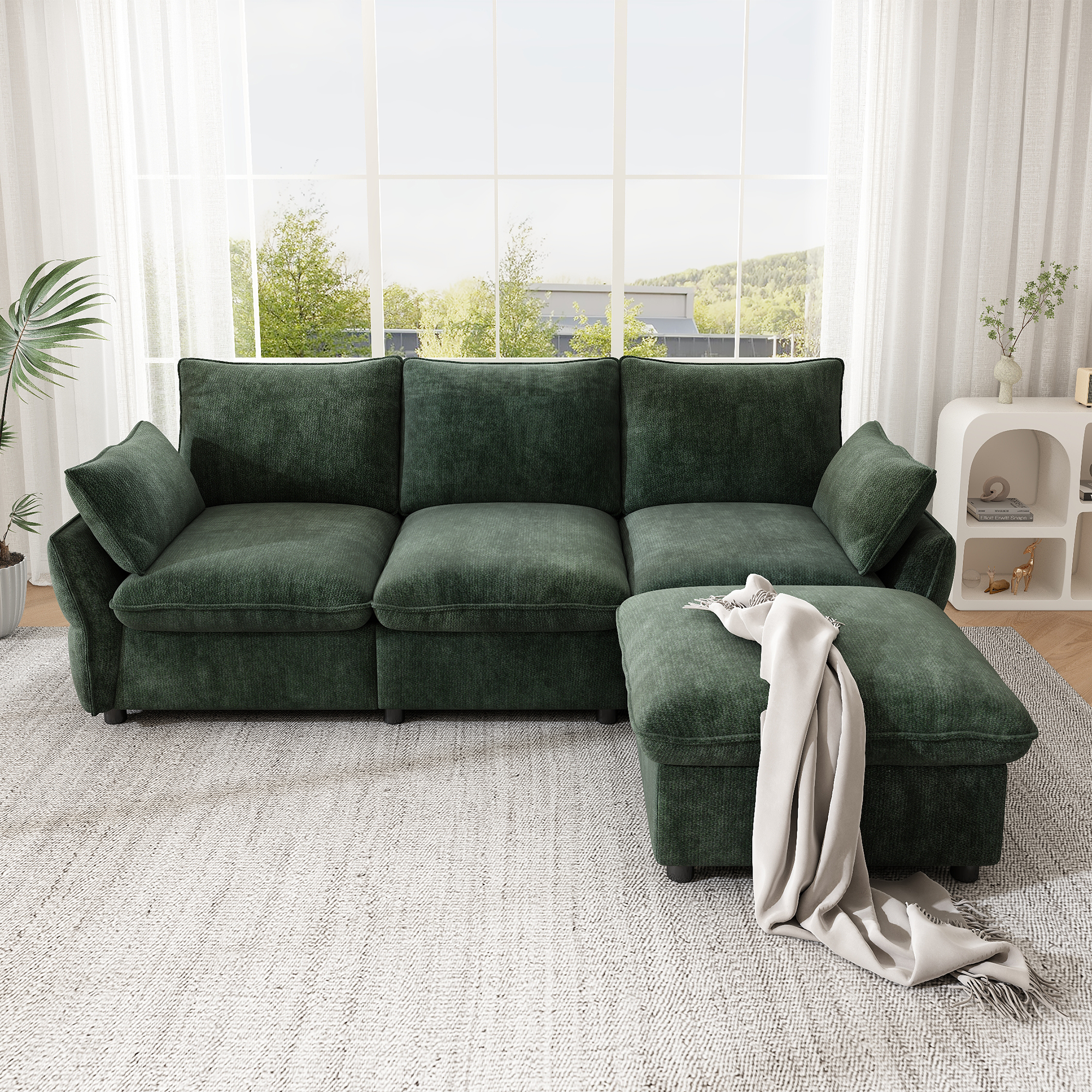Canapé d'angle 3 places en chenille avec pouf - vue 1