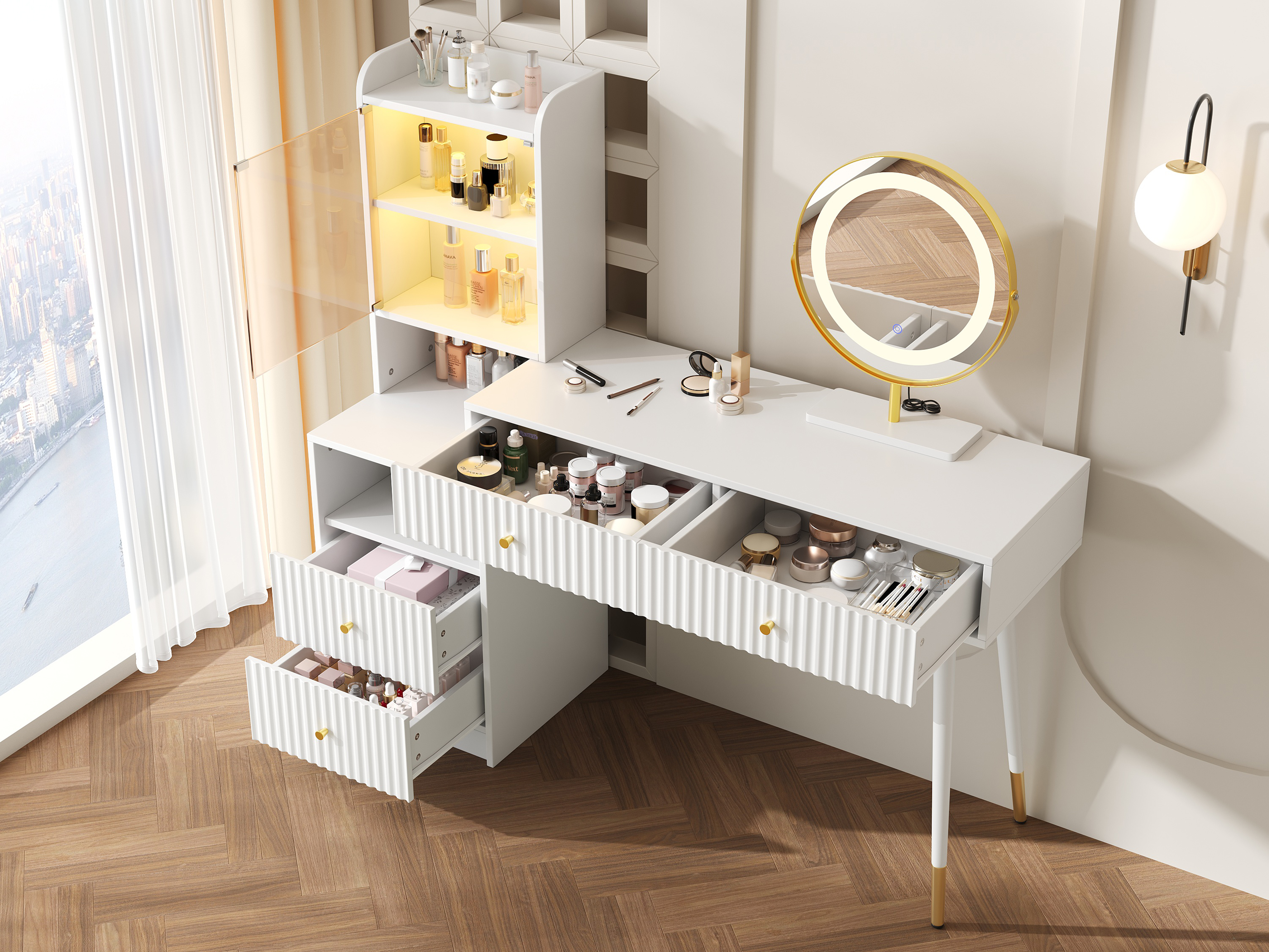Coiffeuse, avec tiroirs, éclairage led, éléments en verre, 100 x 40 x 125 cm, panneaux de particules et verre, blanc - vue 1