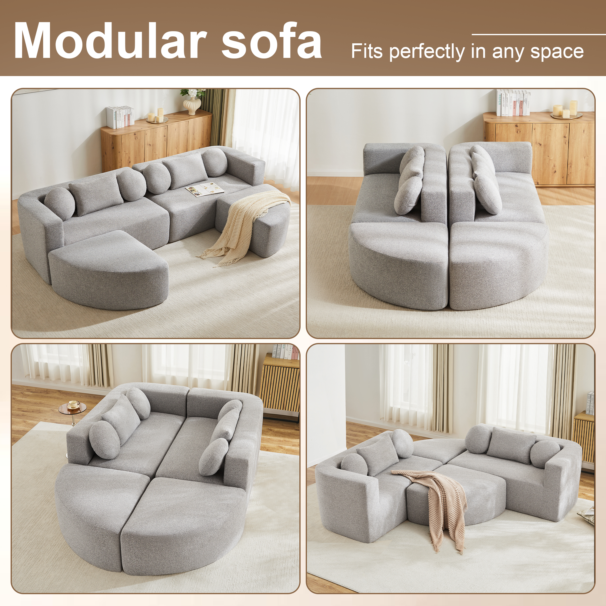 Canapé modulaire 4 places gris chenille sans montage