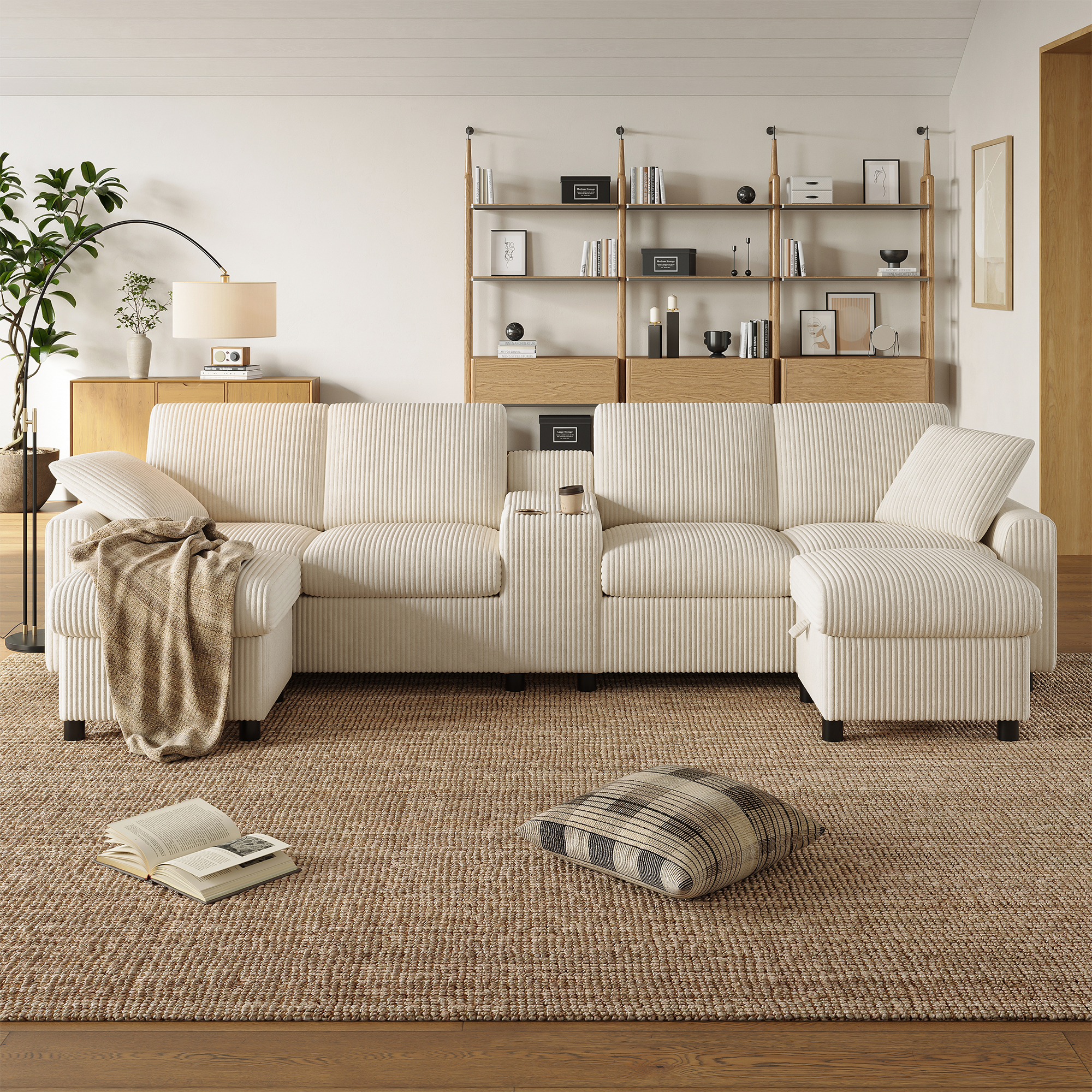 Canapé en U en velours côtelé avec deux poufs et console - vue 1