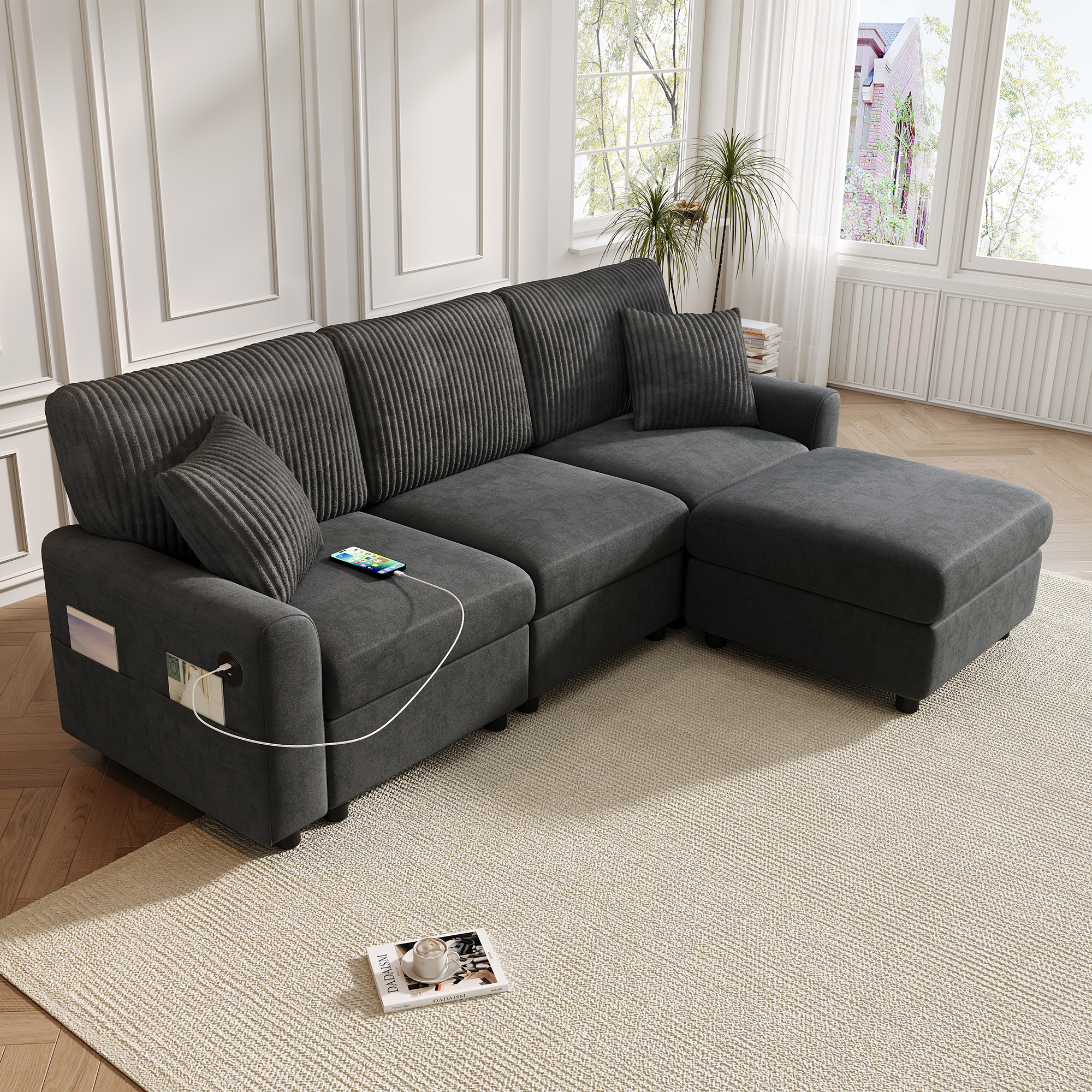 Canapé d'angle avec pouf, coussins et ports USB USB-C - vue 3