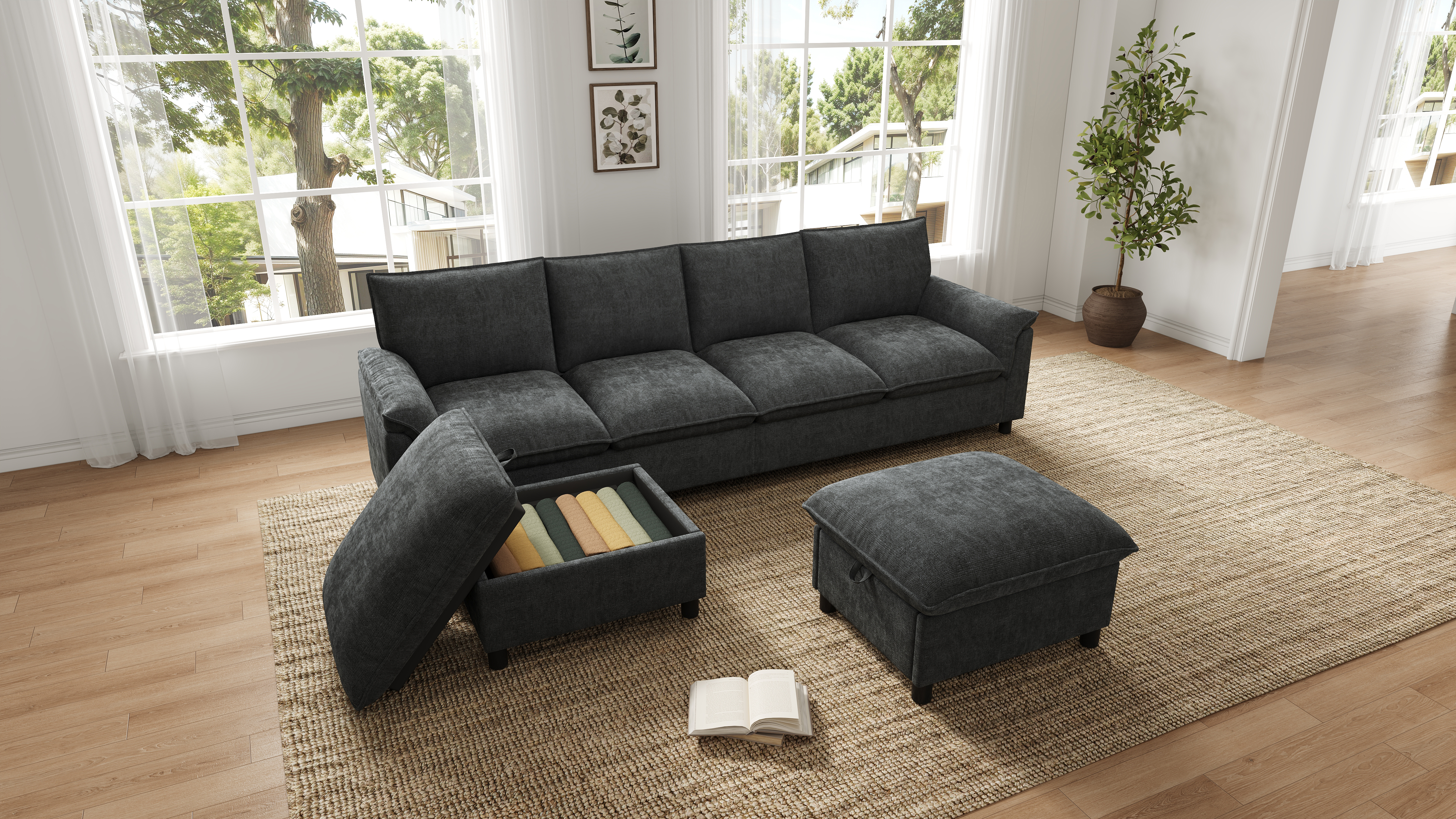 Canapé d’angle en chenille noir et beige avec deux repose-pieds