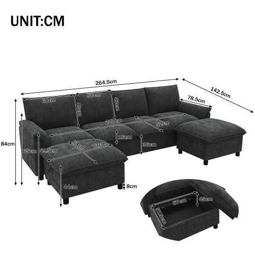 Dimensions du canapé d’angle avec deux poufs