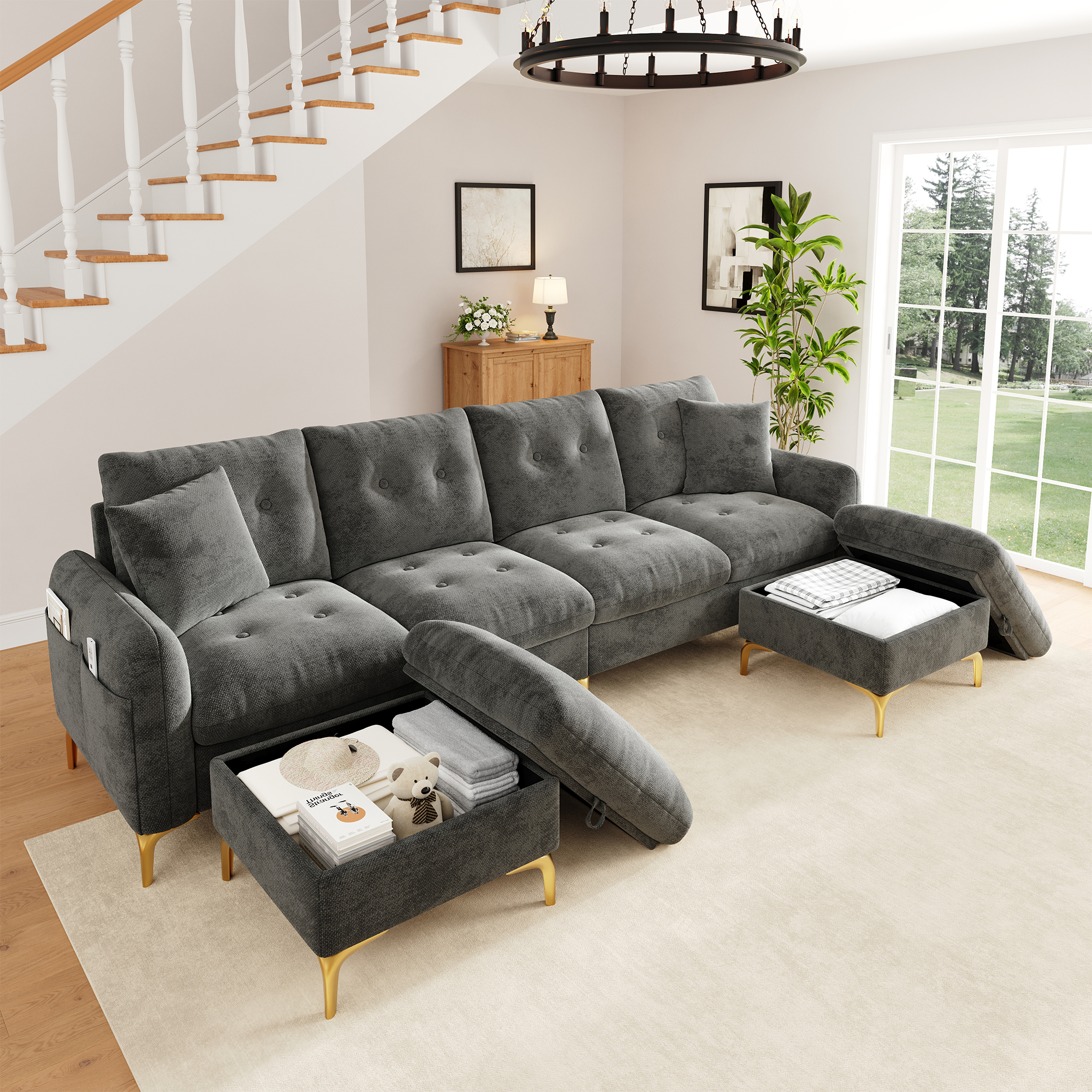 Canapé modulable 4 places Gris avec configuration en U et deux poufs de rangement
