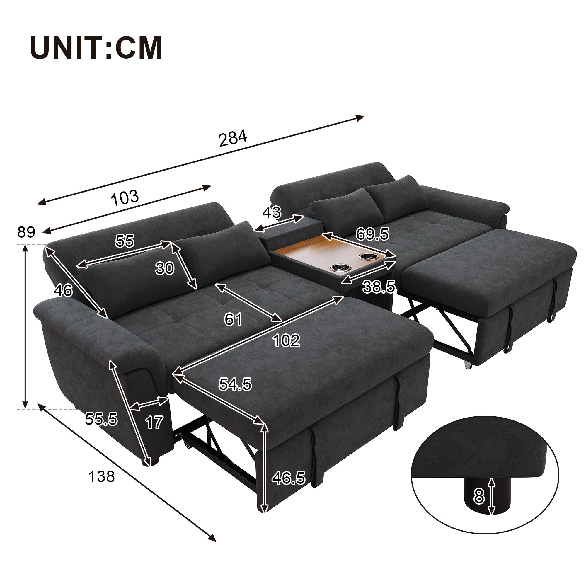 Canapé d’angle convertible en U 4 places en chenille avec rangement, USB/Type-C et porte-gobelets, Gris foncé, 284 x 138 x 89 cm - vue complémentaire 1