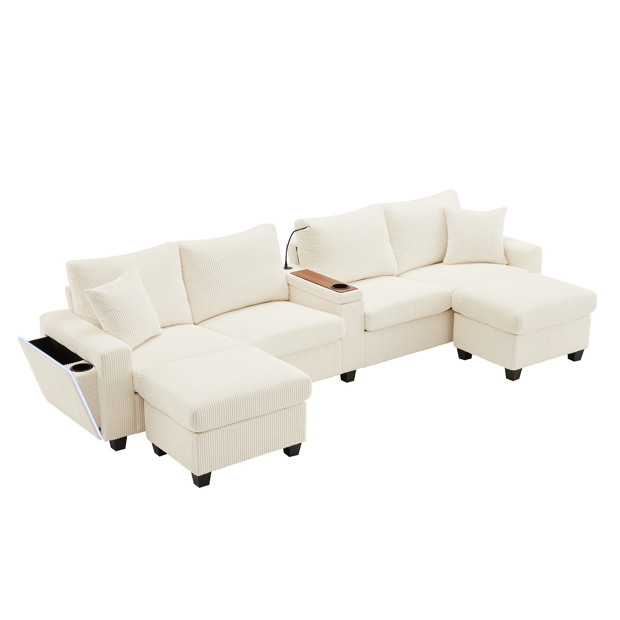 Canapé en U 4 places 334x128,5x81 cm avec LED, USB Type-C, rangements en velours côtelé beige - spécifications 1