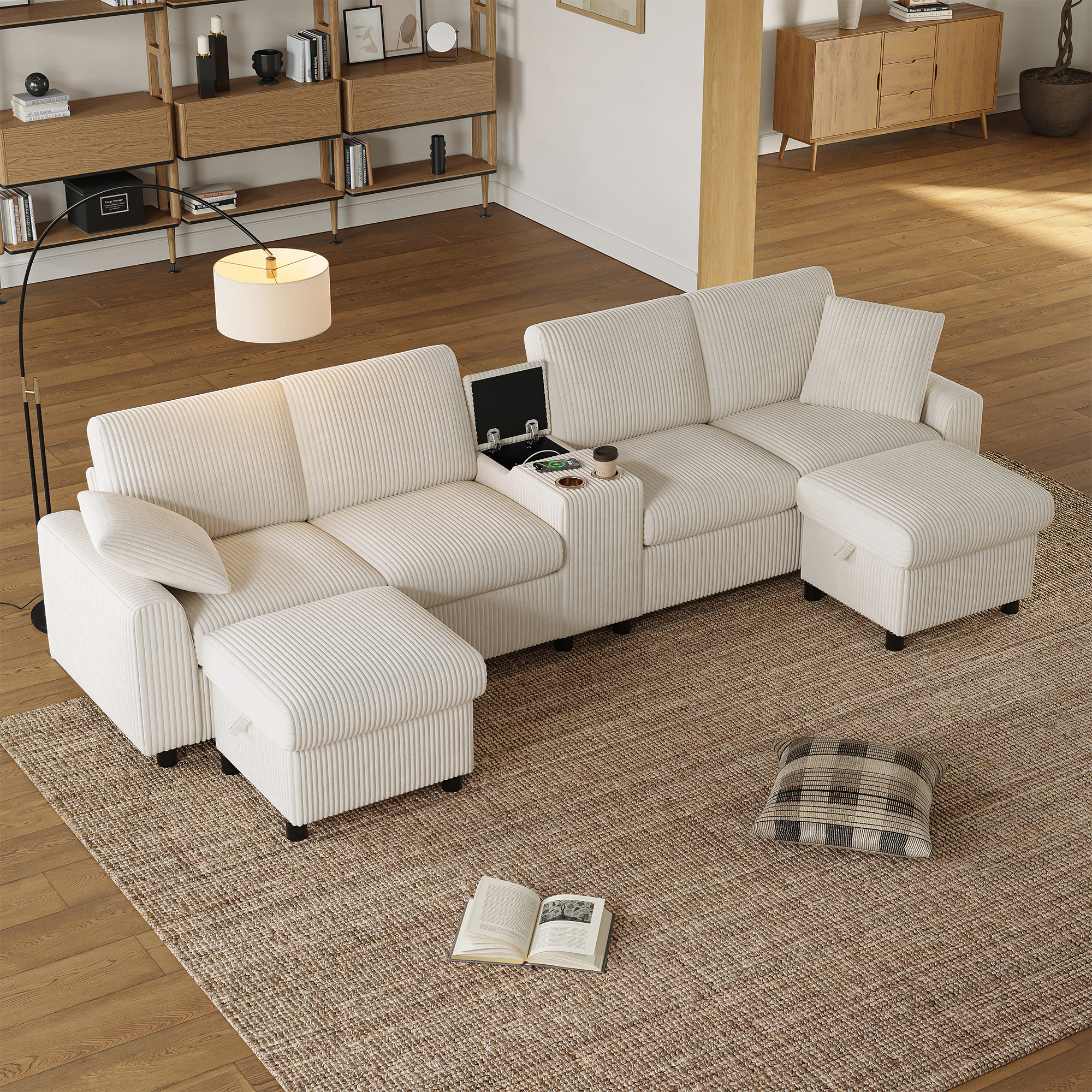 Canapé en U en velours côtelé avec deux poufs et console - vue 3
