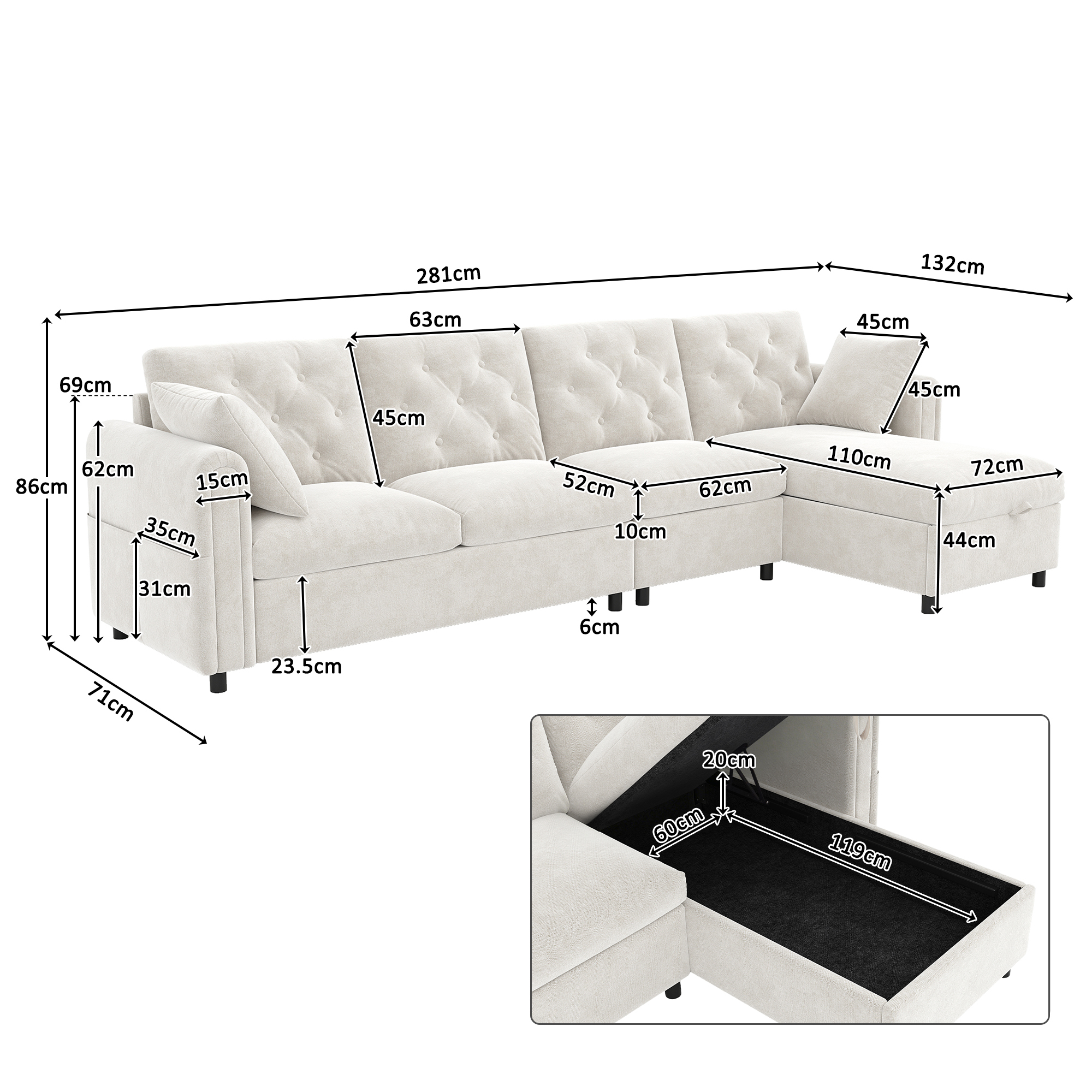 Canapé d’angle modulable 4 places 281 x 132 x 86 cm canapé en L avec méridienne, avec rangement, velours, Beige - vue complémentaire 1