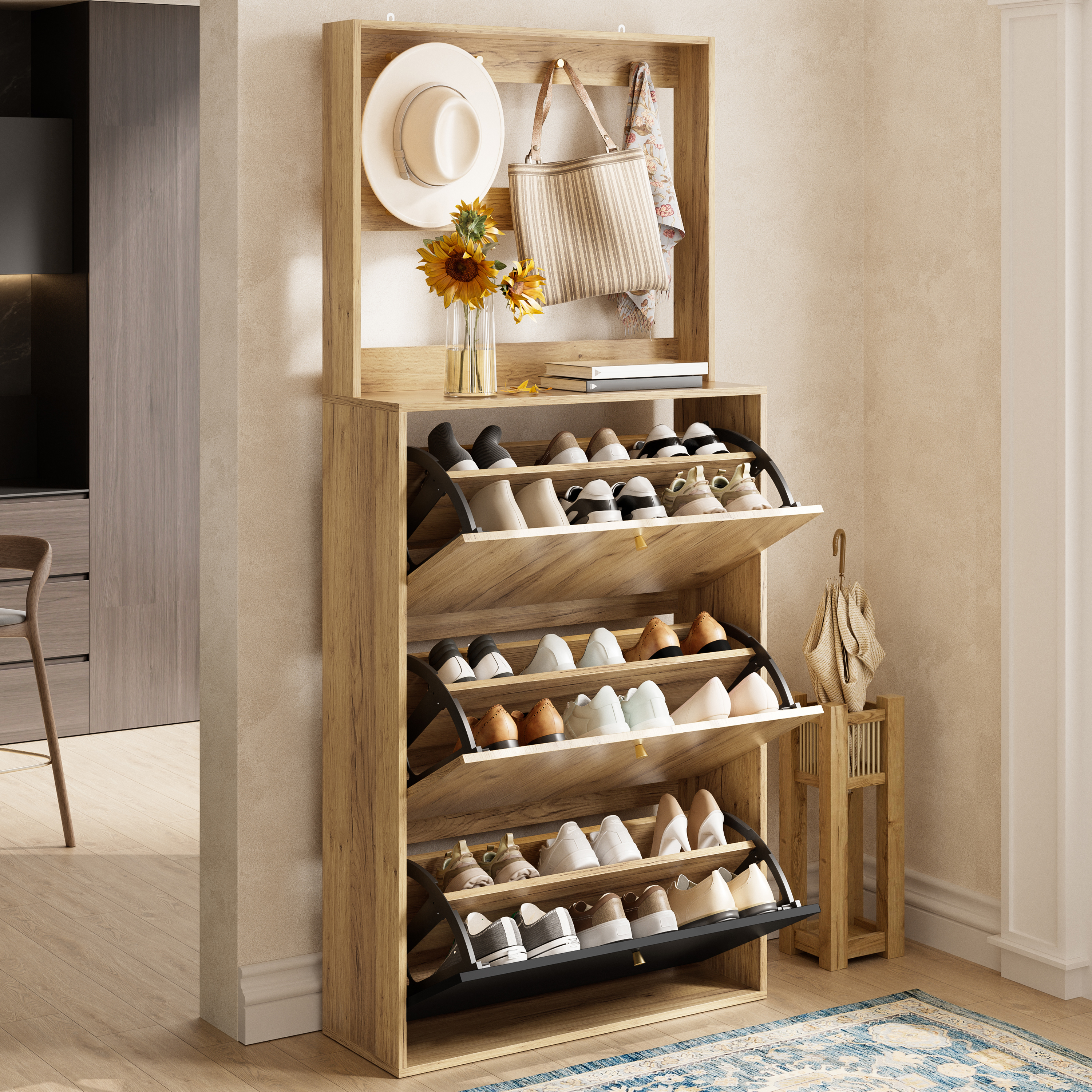 Moderner Schuhschrank mit Haken, 3 klappbaren Aufb