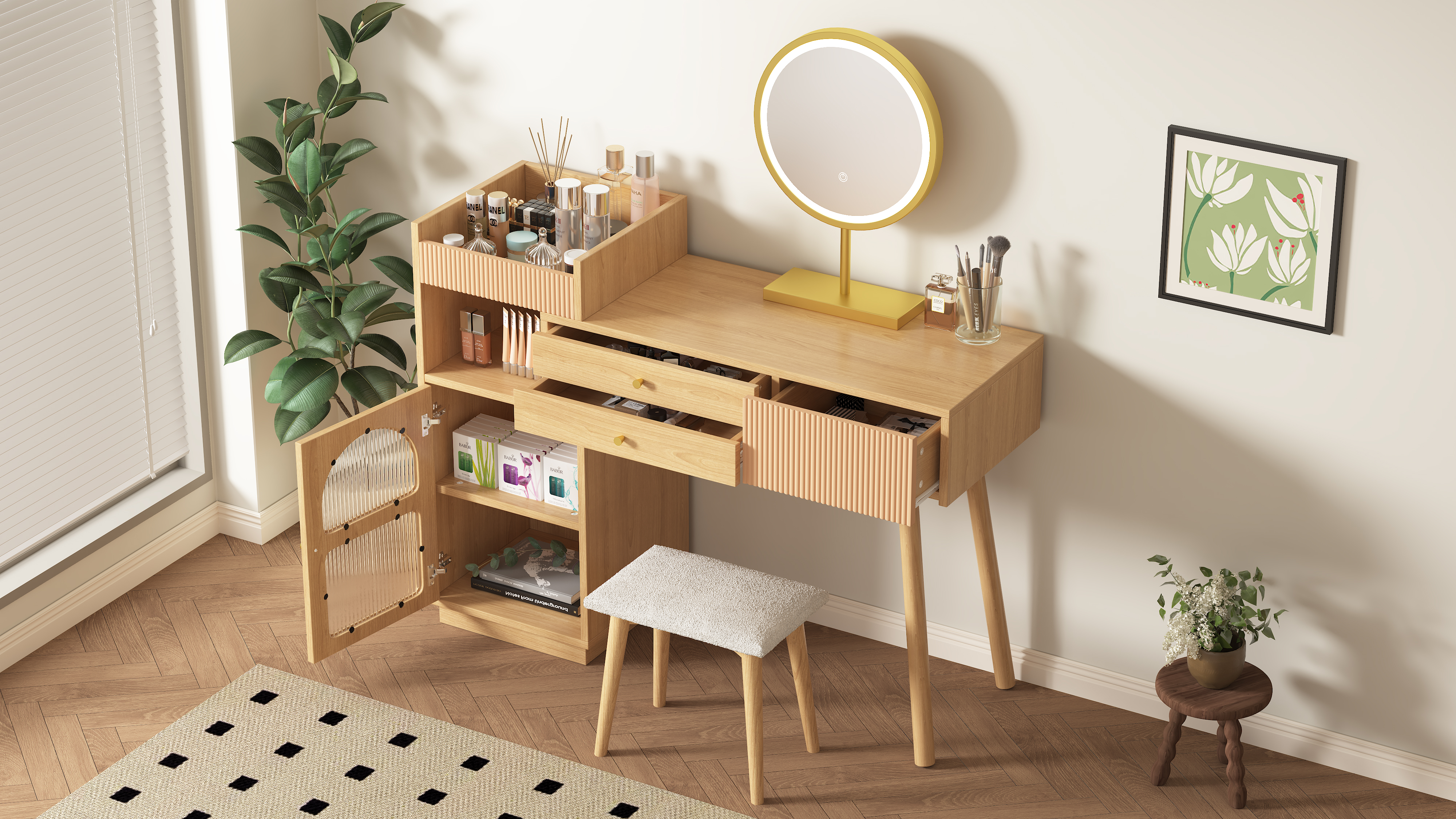 Table De Maquillage Avec éclairage LED 110x55x145 Cm MDF Chêne