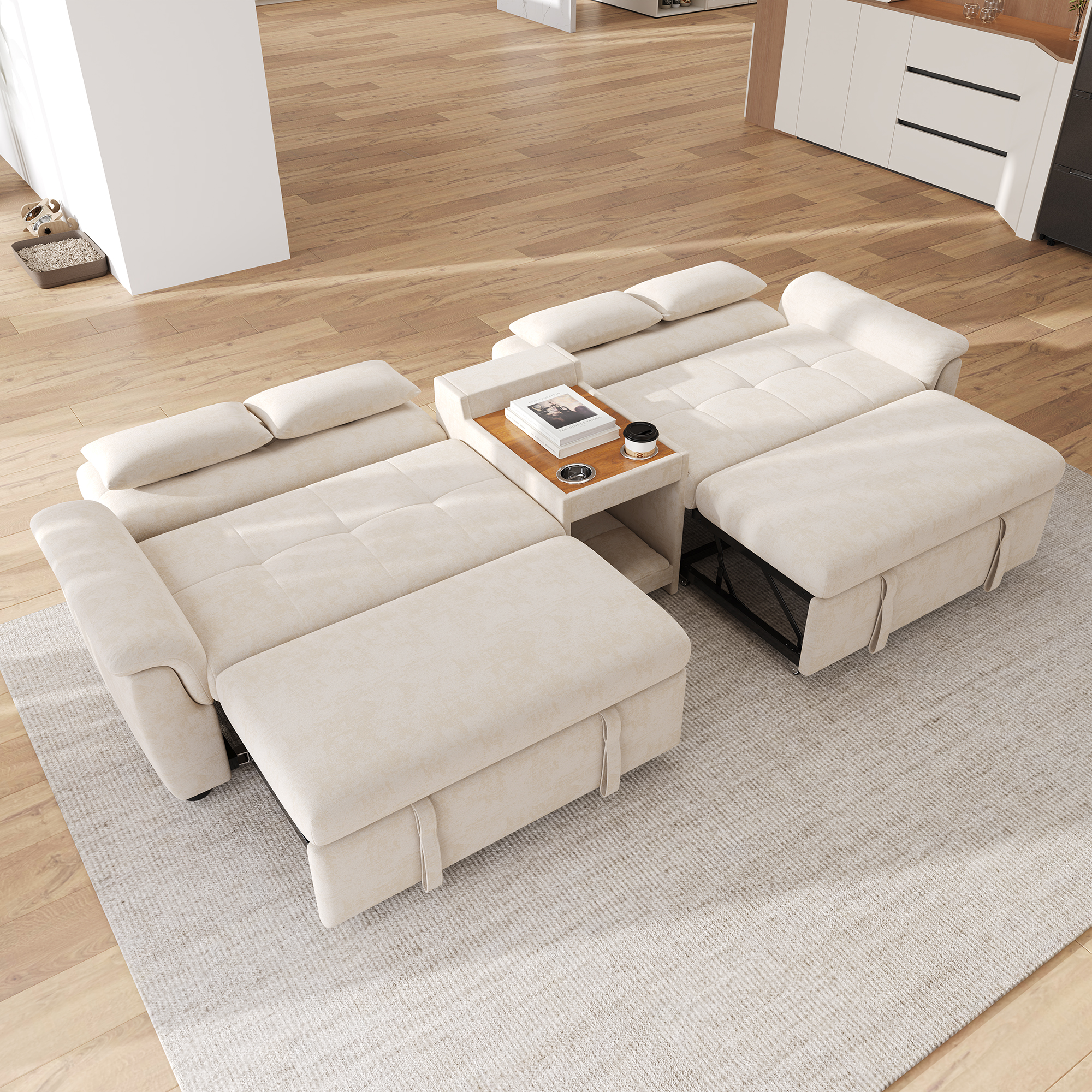 Canapé d’angle convertible en U 4 places en chenille avec rangement, USB/Type-C et porte-gobelets, Beige, 284 x 138 x 89 cm - vue principale 1