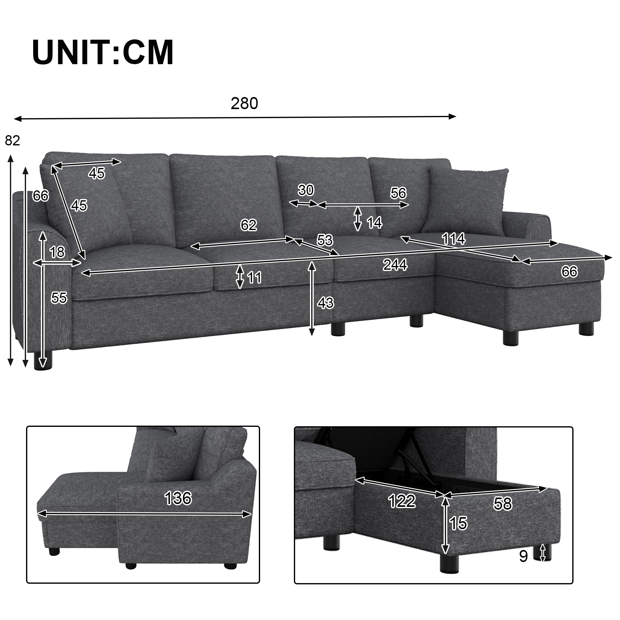Modernes Tissu L-Form Sofa 3-Sitzer + Chaiselon