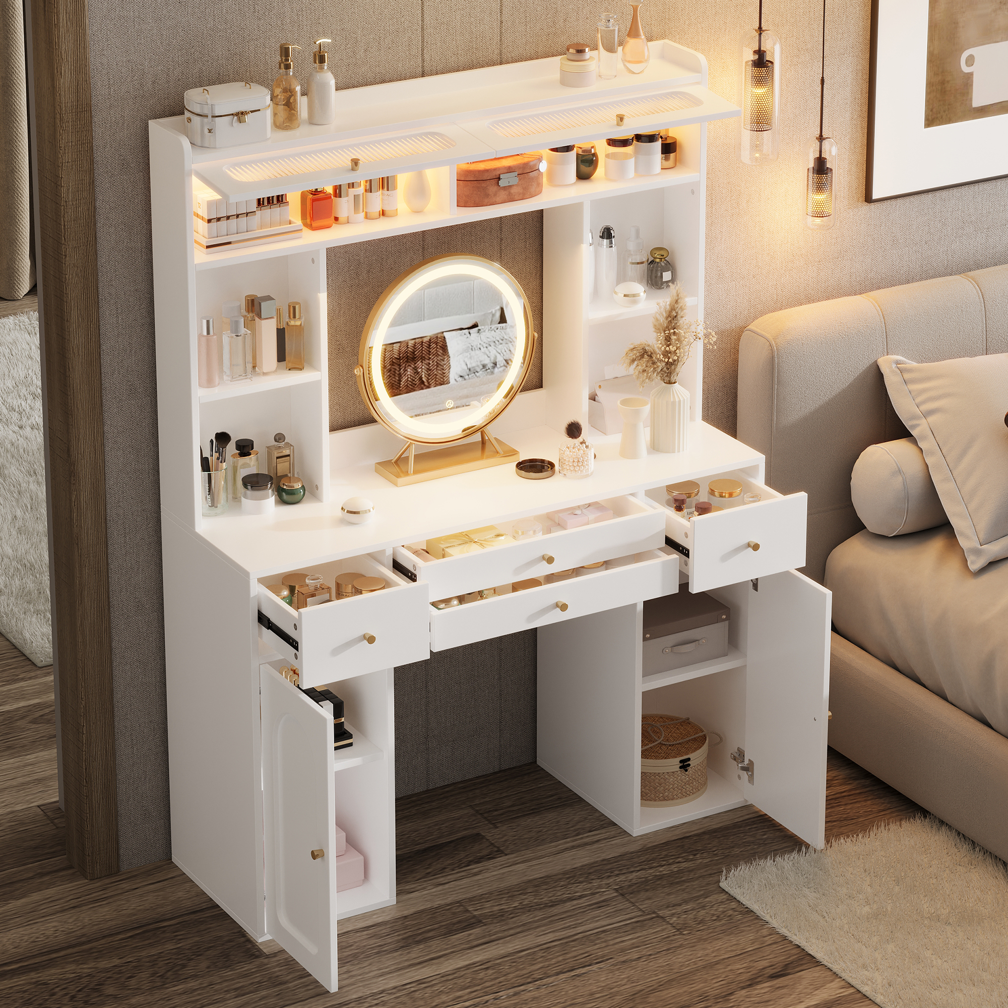 Coiffeuse, rangement intégré, avec tiroirs, éclairage led, 120 x 40 x 160 cm, verre et MDF, blanc - vue 5