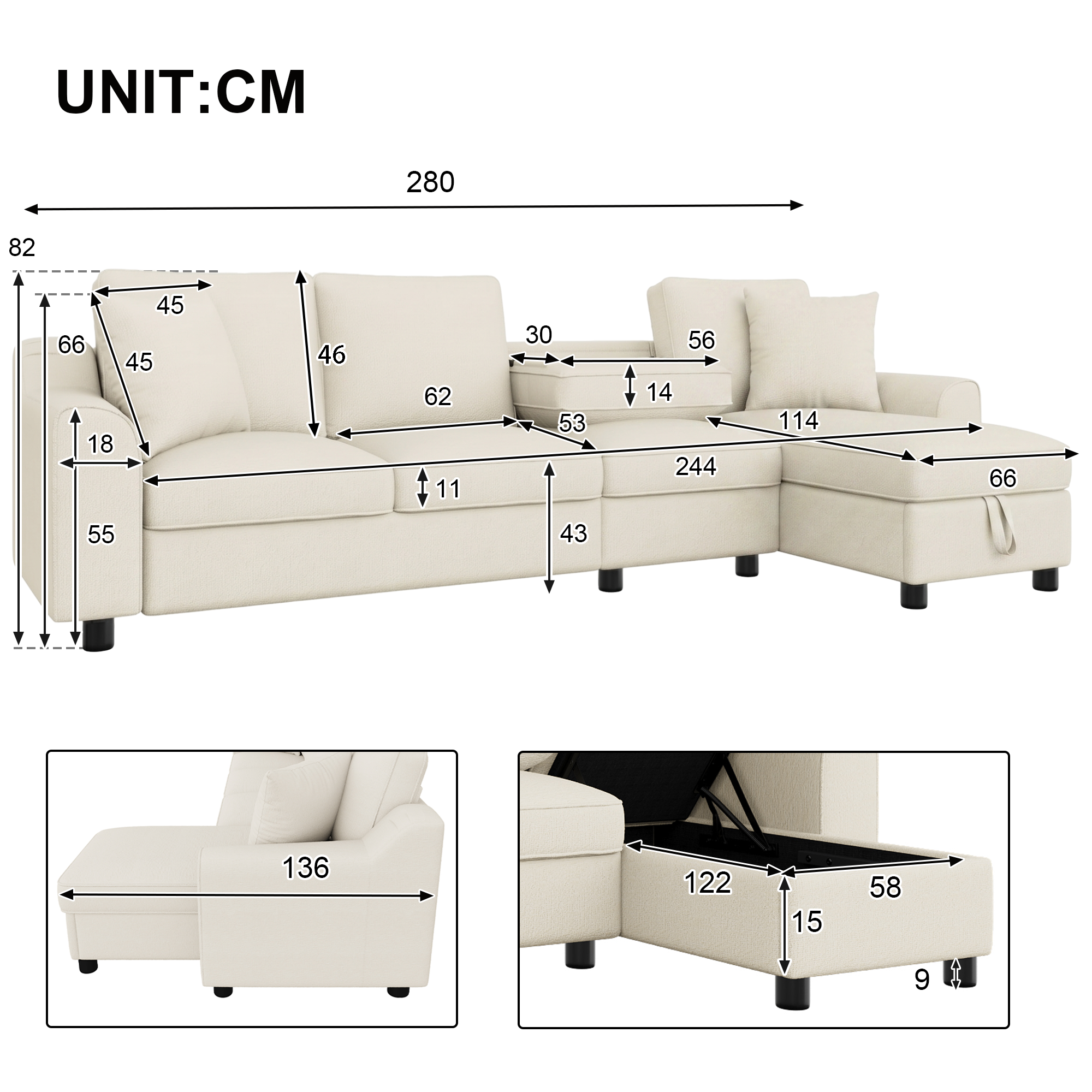 Dimensions canapé L beige 280cm