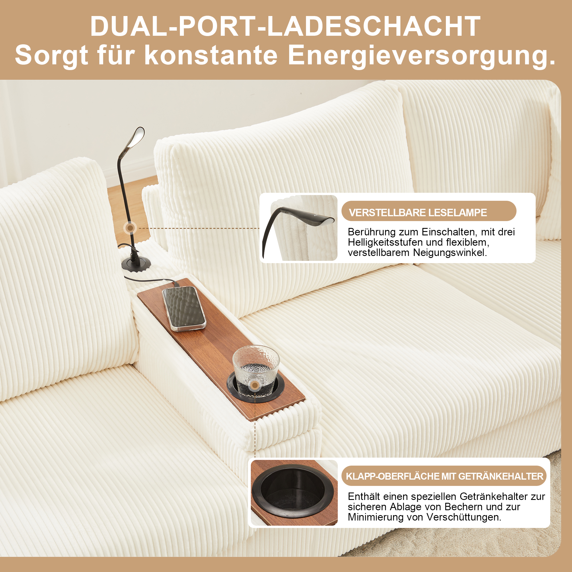 Rangement central avec USB et lampe