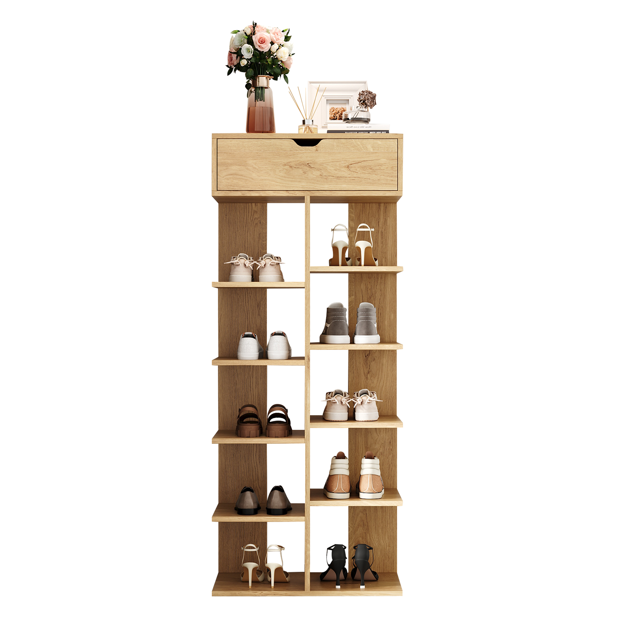 Meuble à chaussures, avec tiroirs, 55 x 33 x 133 cm, panneaux de particules et bois, bois naturel - vue 4