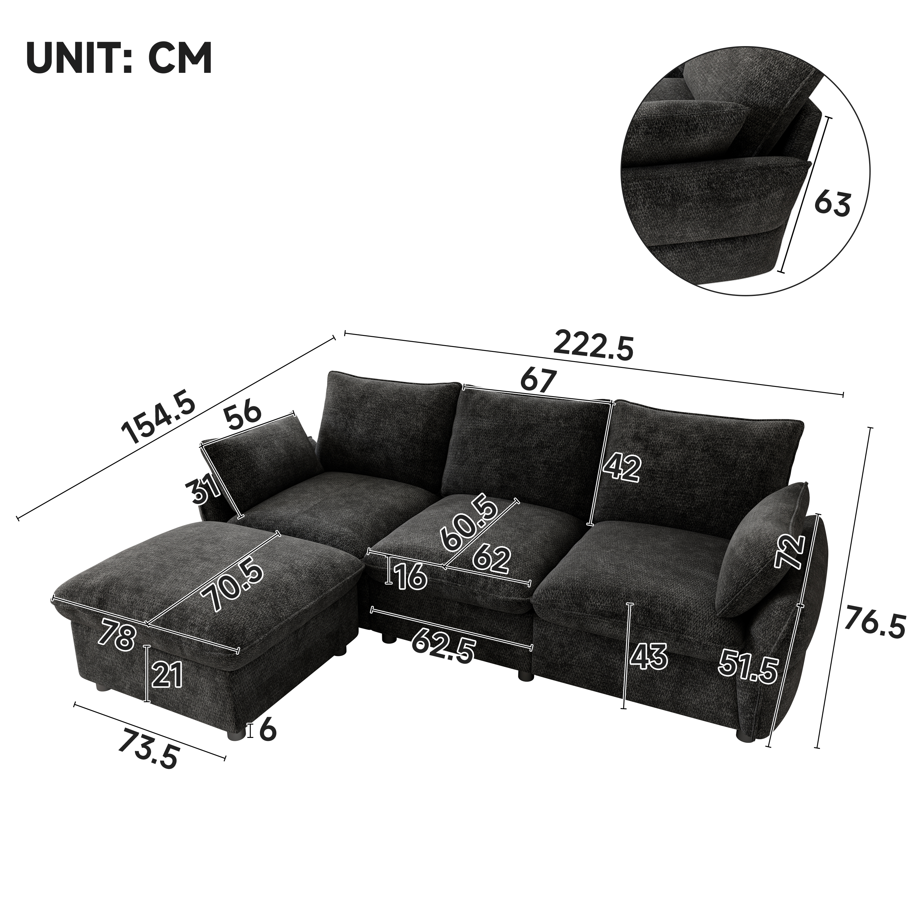 Canapé d’angle en L 3 places en chenille avec pouf, Gris foncé, 222,5 x 154,5 x 76,5 cm - vue complémentaire 1