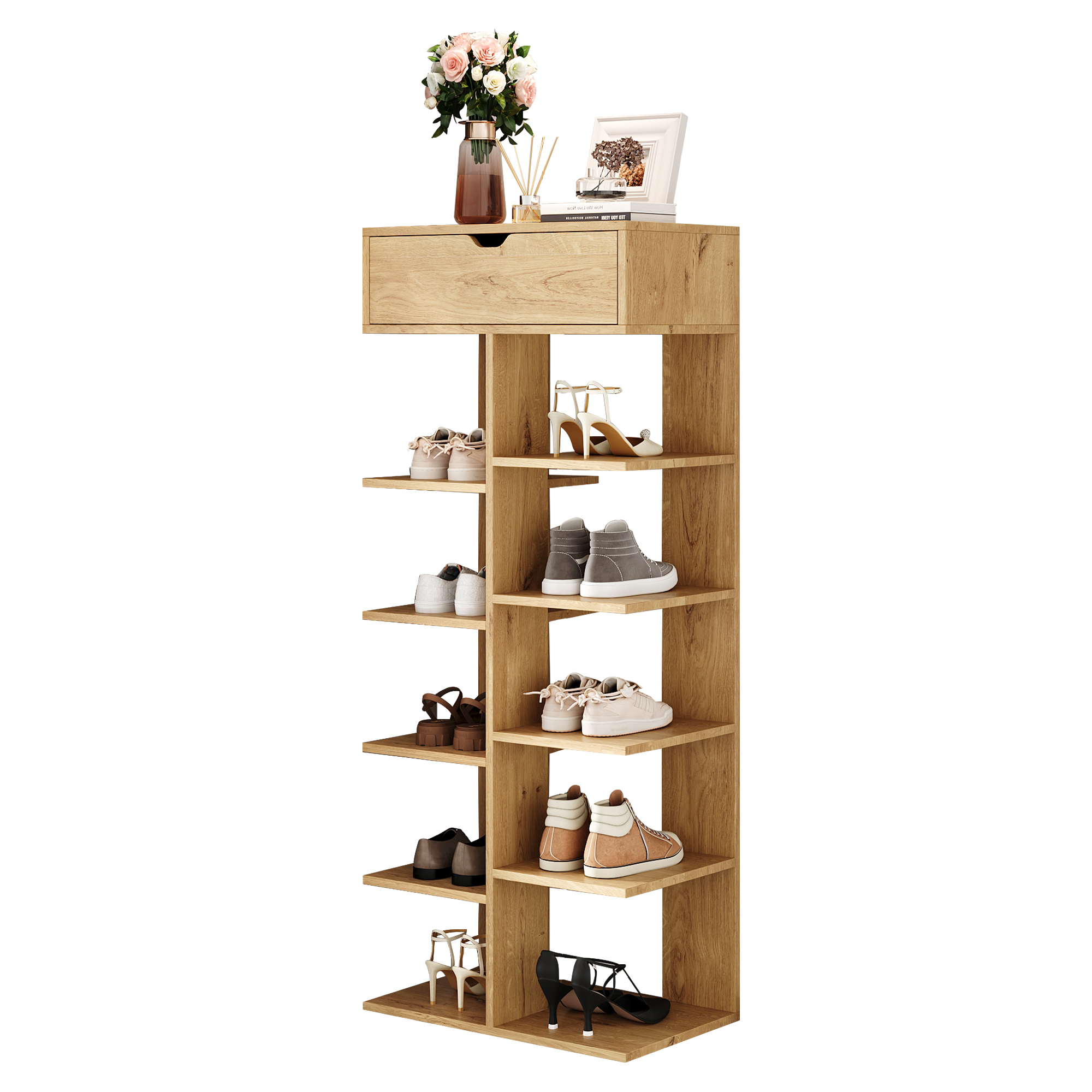 Meuble à chaussures, avec tiroirs, 55 x 33 x 133 cm, panneaux de particules et bois, bois naturel - vue 2